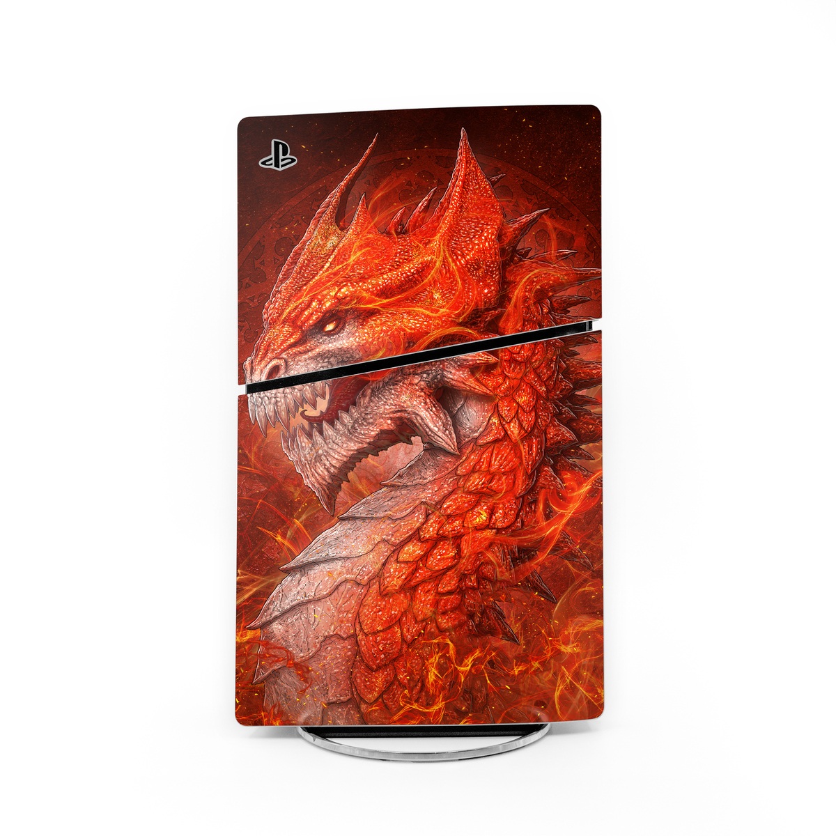 PlayStation 5 Slim Skin design of Fictional character, Cg artwork, Illustration, Art, Demon, Geological phenomenon, Mythical creature, Dragon, Cryptid, with red, orange, yellow colors
