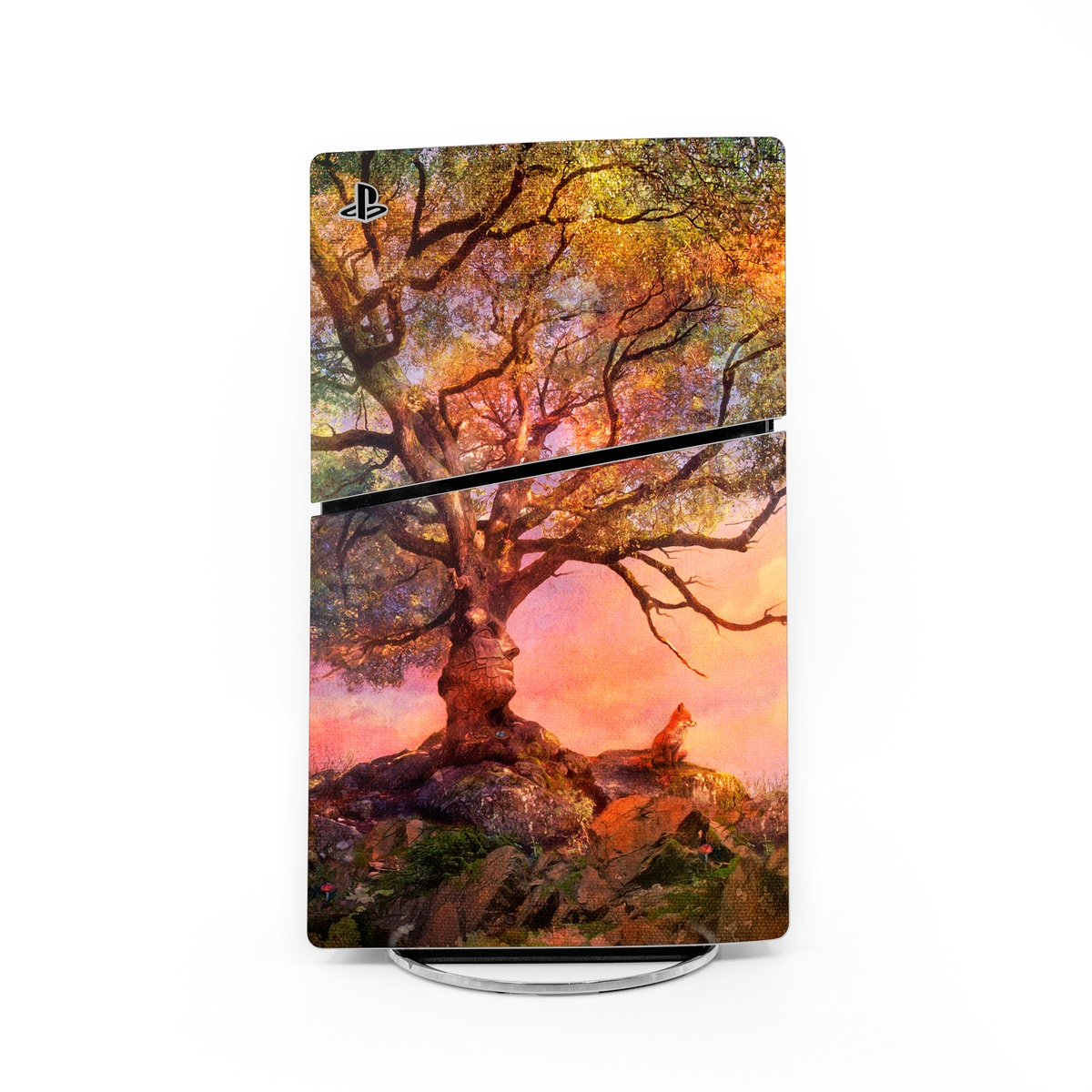 PlayStation 5 Slim Skin design of Nature, Tree, Sky, Natural landscape, Branch, Leaf, Woody plant, Trunk, Landscape, Plant, with pink, red, black, green, gray, orange colors