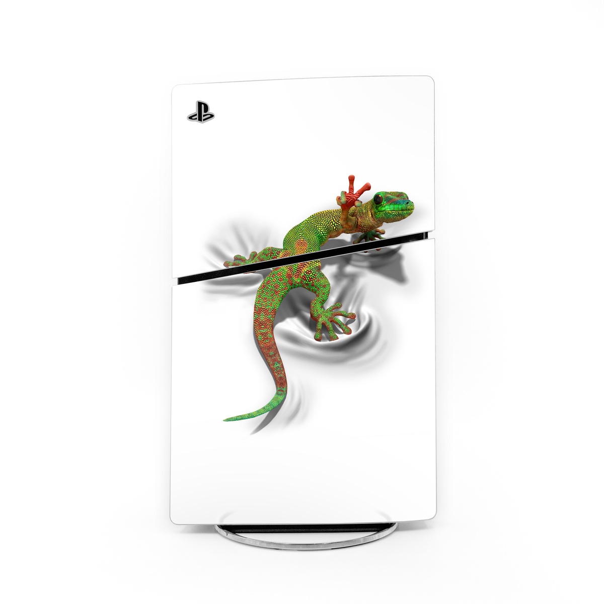 PlayStation 5 Slim Skin design of Lizard, Reptile, Gecko, Scaled reptile, Green, Iguania, Animal figure, Wall lizard, Fictional character, Iguanidae, with white, gray, black, red, green colors