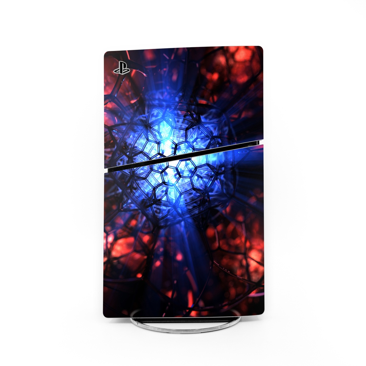 PlayStation 5 Slim Skin design of Blue, Fractal art, Red, Light, Pattern, Lighting, Art, Kaleidoscope, Design, Psychedelic art, with black, blue, red colors