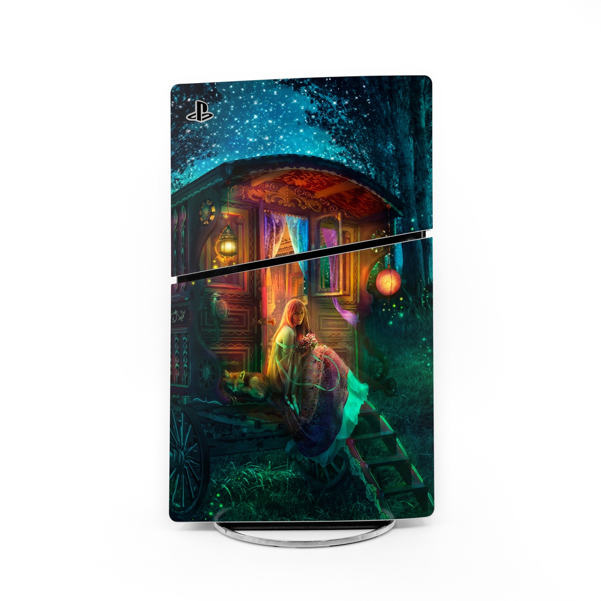 PlayStation 5 Slim Skin design of Illustration, Adventure game, Darkness, Art, Digital compositing, Fictional character, Games, with black, red, blue, green colors