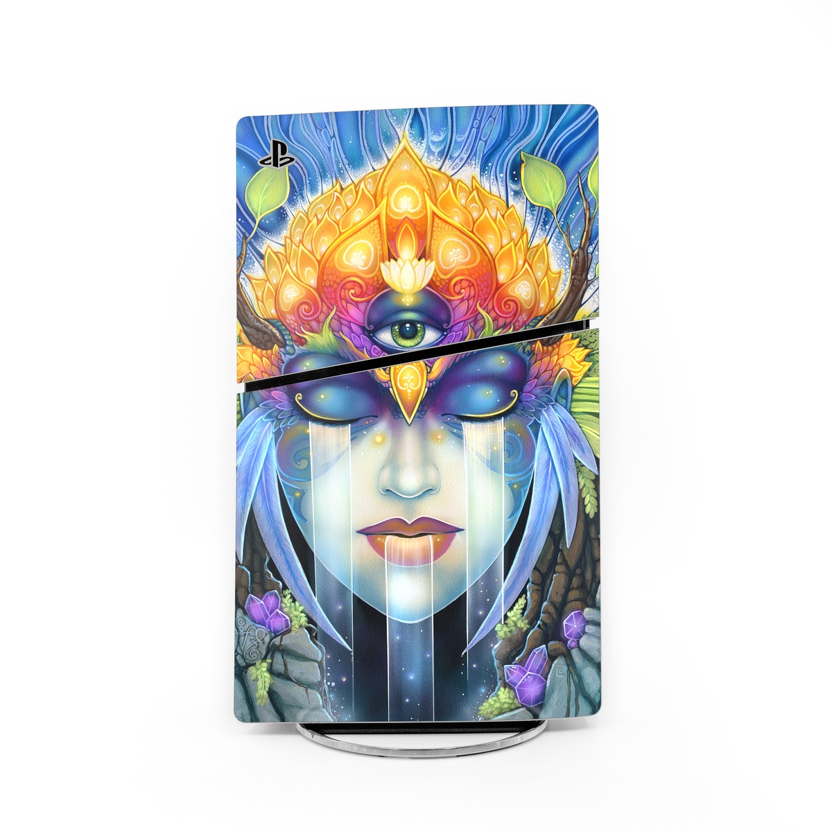 PlayStation 5 Slim Skin design of Art paint, Paint, Painting, Art, Illustration, Fictional character, Symmetry, Cg artwork, Visual arts, Electric blue, with blue, yellow, orange, red, purple, blue, green, brown, gray colors