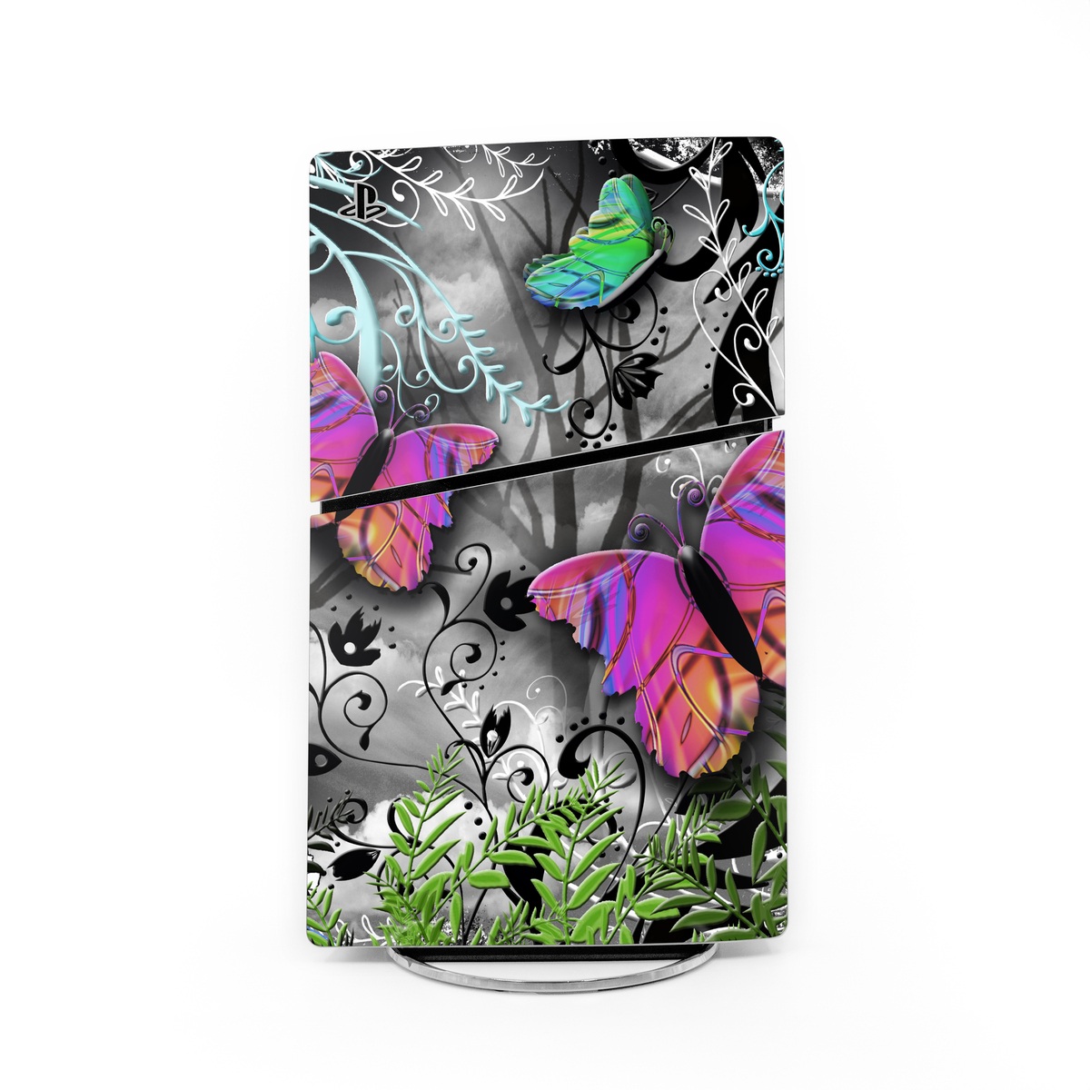 PlayStation 5 Slim Skin design of Butterfly, Pink, Purple, Violet, Organism, Spring, Moths and butterflies, Botany, Plant, Leaf, with black, gray, green, purple, red colors