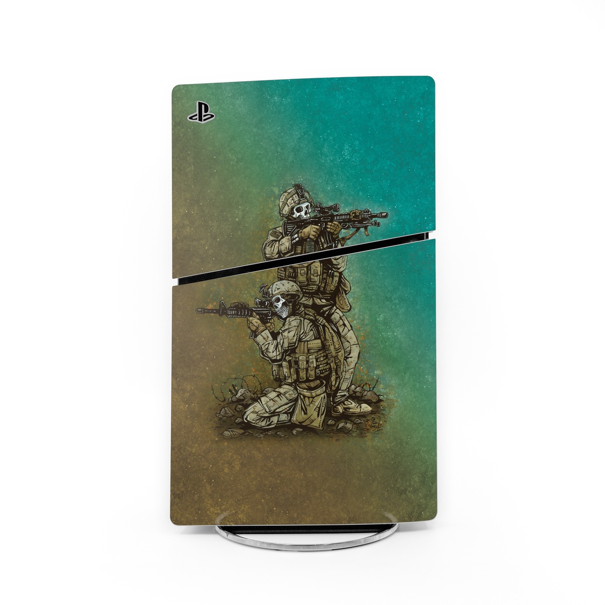 PlayStation 5 Slim Skin design of Art, Sculpture, Landscape, Illustration, Visual arts, Wood, Drawing, Fictional character, Soil, Circle, with blue, green, white, gray, brown colors