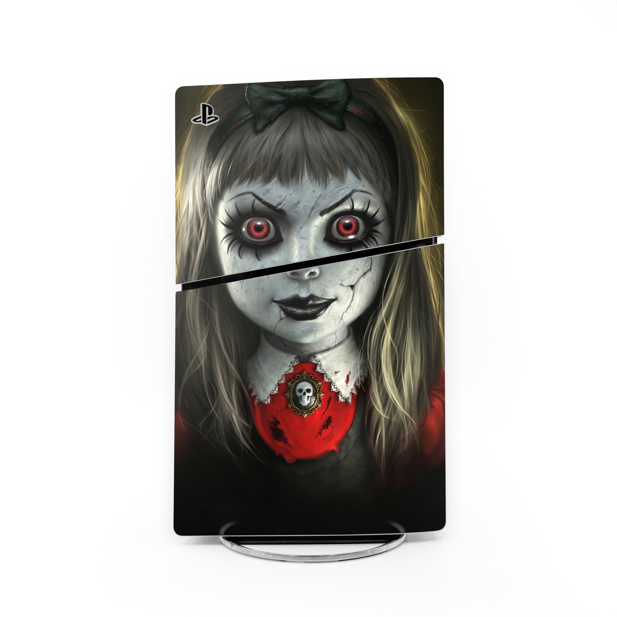 PlayStation 5 Slim Skin design of Fiction, Illustration, Fictional character, Ghost, Darkness, Vampire, Goth subculture, Zombie, Art, Skull, with white, red, black, yellow colors