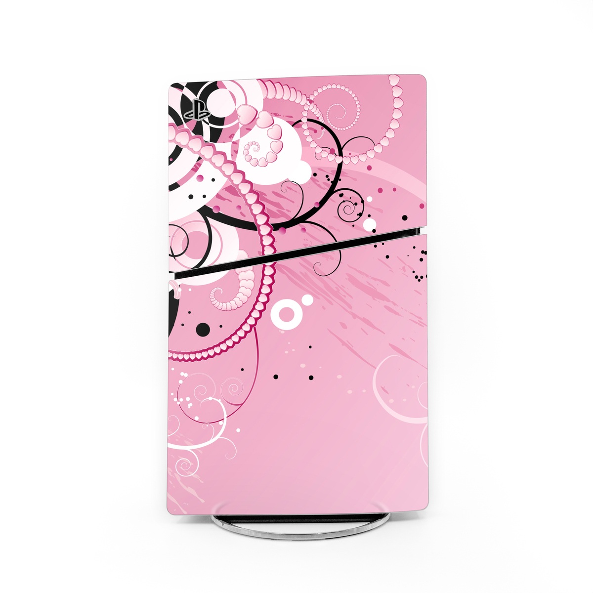 PlayStation 5 Slim Skin design of Pink, Floral design, Graphic design, Text, Design, Flower Arranging, Pattern, Illustration, Flower, Floristry, with pink, gray, black, white, purple, red colors