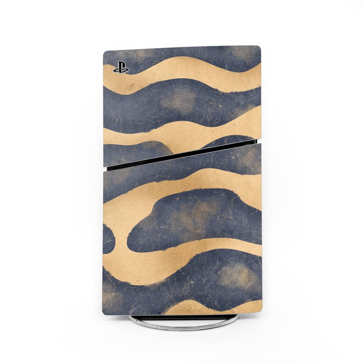PlayStation 5 Slim Skin design of Art, Painting, Pattern, Font, Landscape, Dune, Illustration, Aeolian landform, Sand, Visual arts, with blue, brown colors