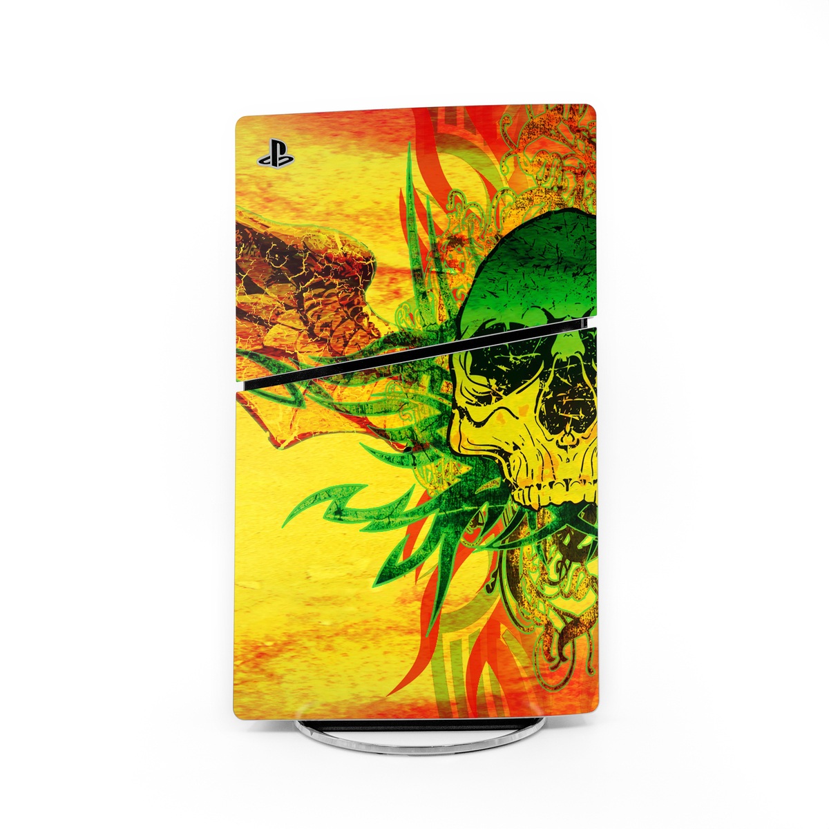 PlayStation 5 Slim Skin design of Psychedelic art, Skull, Illustration, Bone, Art, Graphic design, Visual arts, Poster, Plant, Painting, with green, orange, black, red colors