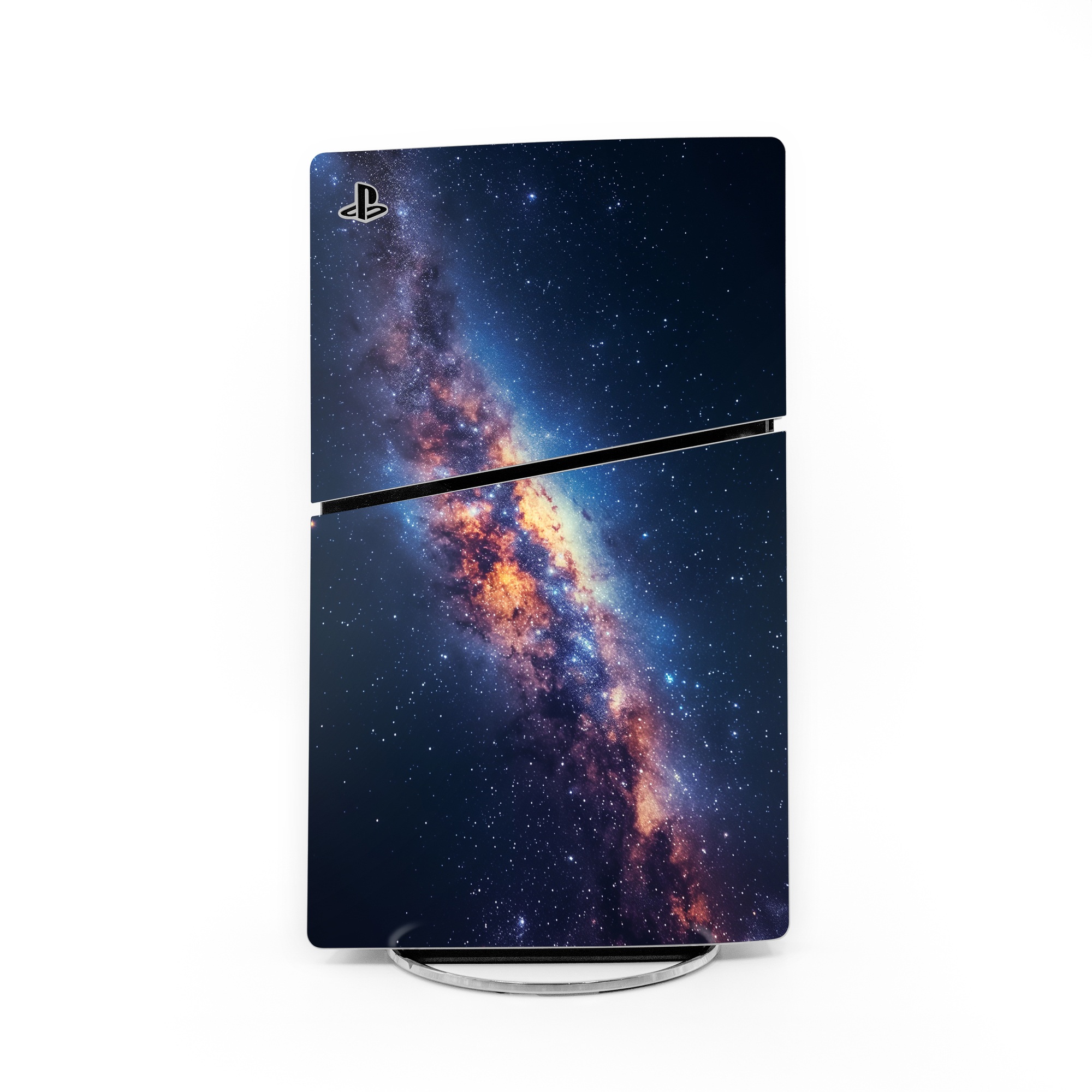 PlayStation 5 Slim Skin design of Atmosphere, Sky, Nature, World, Nebula, Galaxy, Astronomical object, Atmospheric phenomenon, Milky way, Star, with black, blue, white, yellow, orange, red, purple, gray colors
