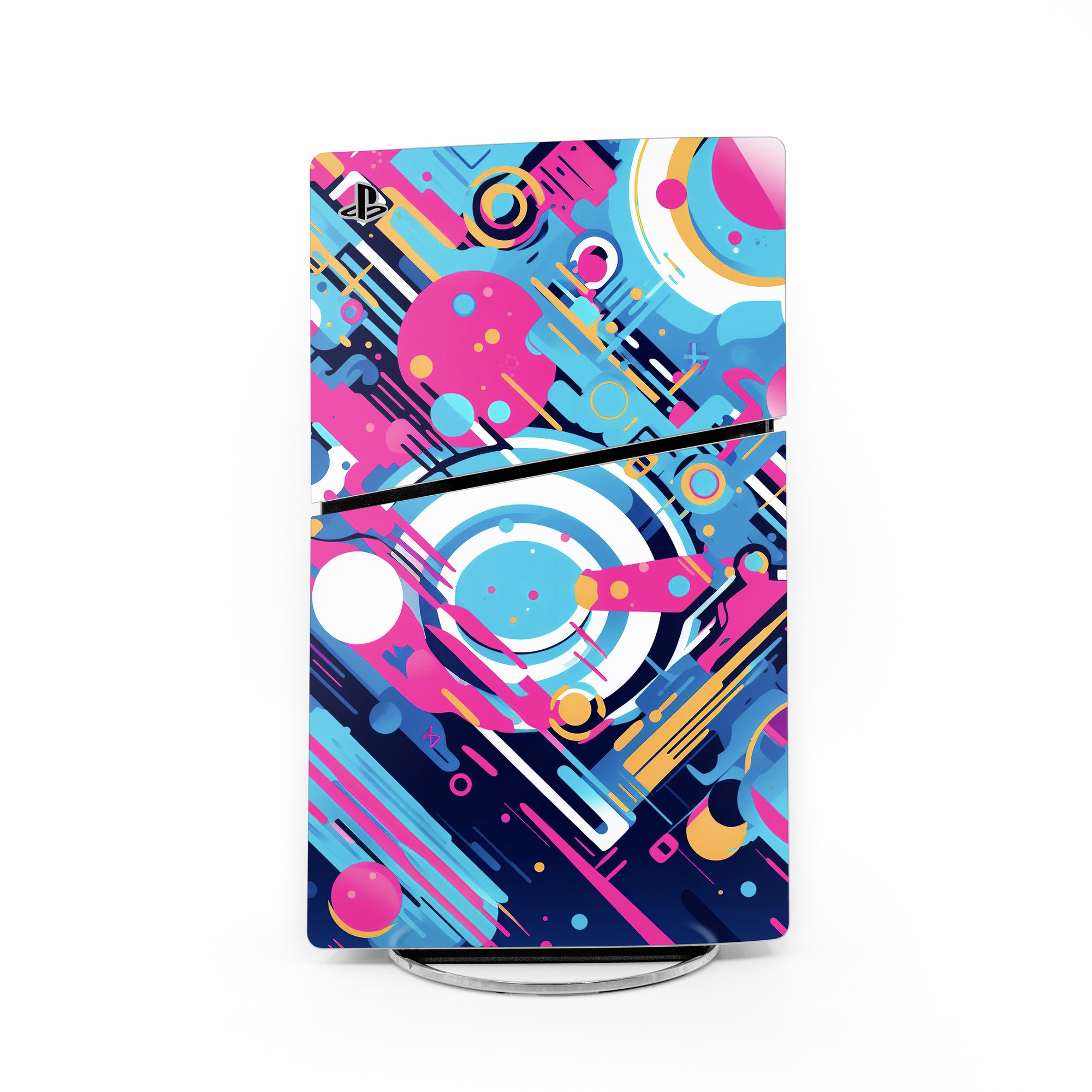 PlayStation 5 Slim Skin design of Colorfulness, Font, Line, Material property, Art, Magenta, Pattern, Electric blue, Circle, Graphics, with blue, pink, black, white, orange colors