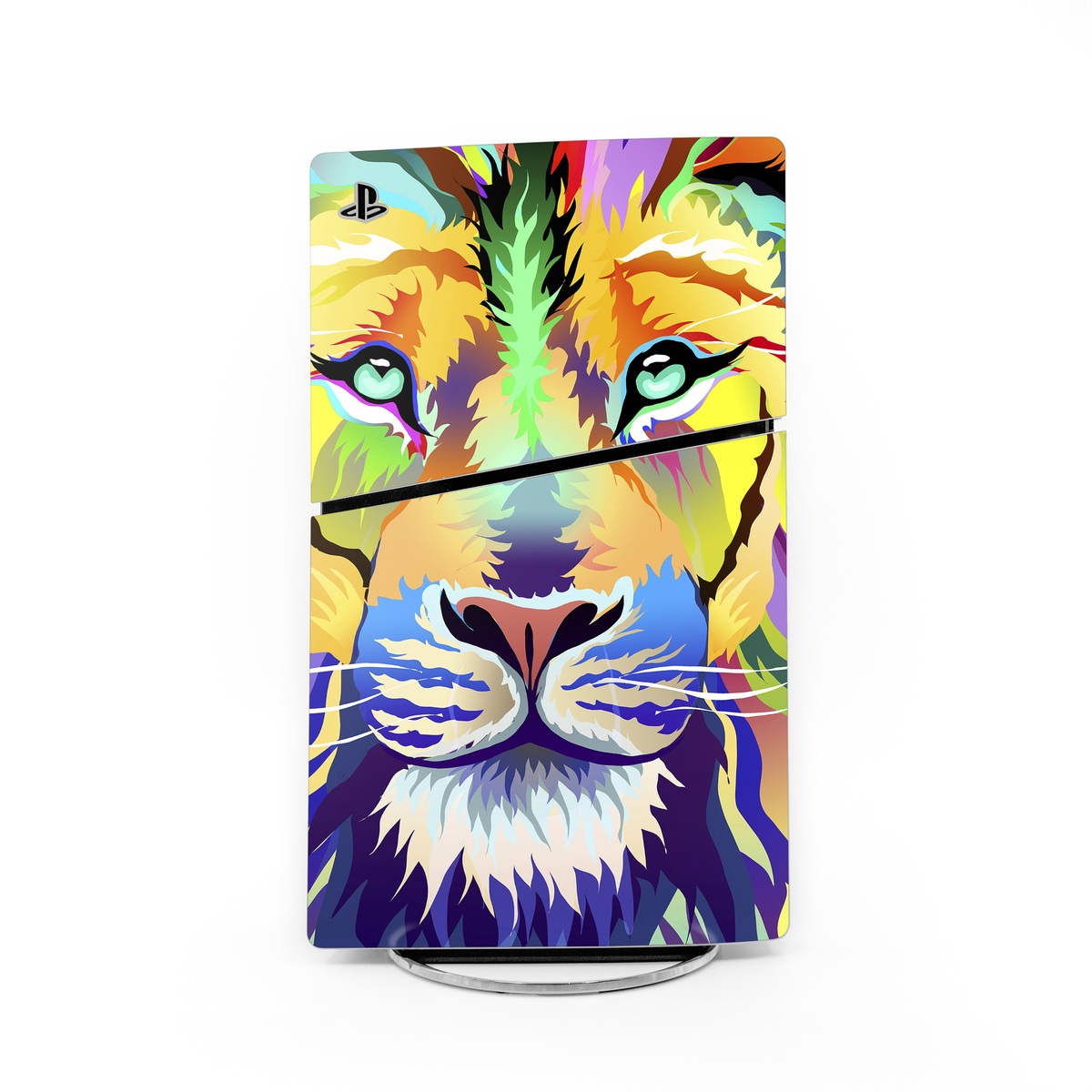 PlayStation 5 Slim Skin design of Bengal tiger, Felidae, Lion, Wildlife, Big cats, Tiger, Carnivore, Art, Illustration, Painting, with orange, yellow, green, red, pink, blue, purple colors