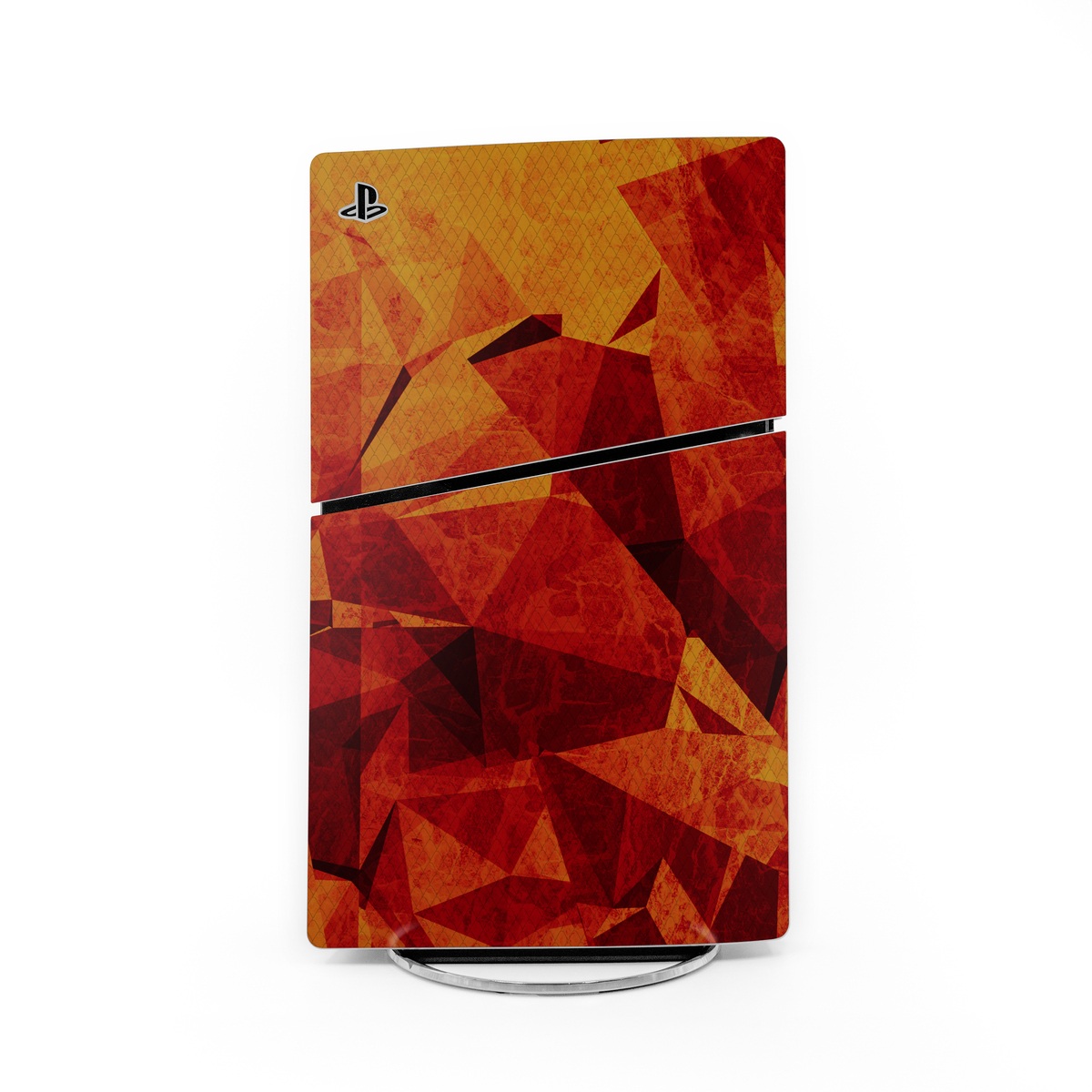 PlayStation 5 Slim Skin design of Orange, Red, Yellow, Triangle, Pattern, Amber, Design, Art, Visual arts, Modern art, with black, orange, yellow colors
