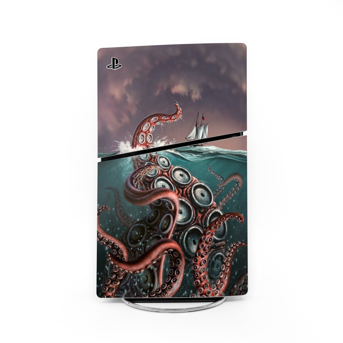 PlayStation 5 Slim Skin design of Octopus, Water, Illustration, Wind wave, Sky, Graphic design, Organism, Cephalopod, Cg artwork, giant pacific octopus, with blue, gray, white, brown, red colors