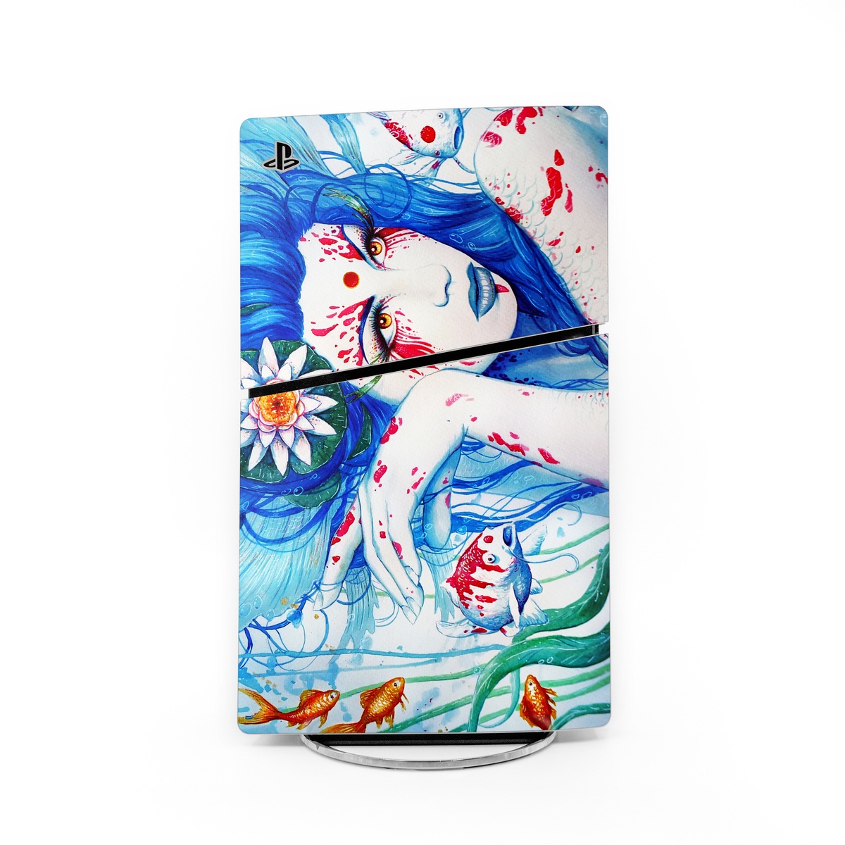PlayStation 5 Slim Skin design of Hairstyle, Paint, Art paint, Blue, Painting, Eyelash, Art, Artist, Electric blue, Illustration, with white, blue, red, yellow, green, orange colors
