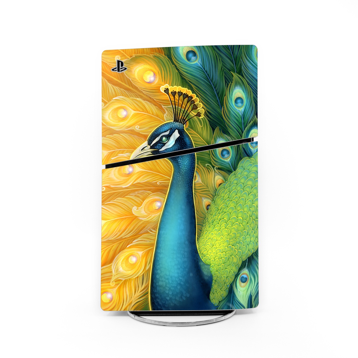 PlayStation 5 Slim Skin design of Bird, Peafowl, Phasianidae, Beak, Organism, Art paint, Galliformes, Art, Feather, Painting, with yellow, orange, green, blue, white, black colors