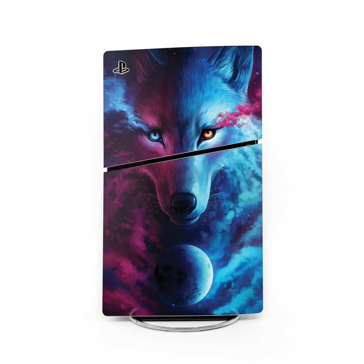 PlayStation 5 Slim Skin design of Dog, Carnivore, Organism, Iris, Painting, Art, Whiskers, Cg artwork, Electric blue, Space, with black, blue, purple, red colors