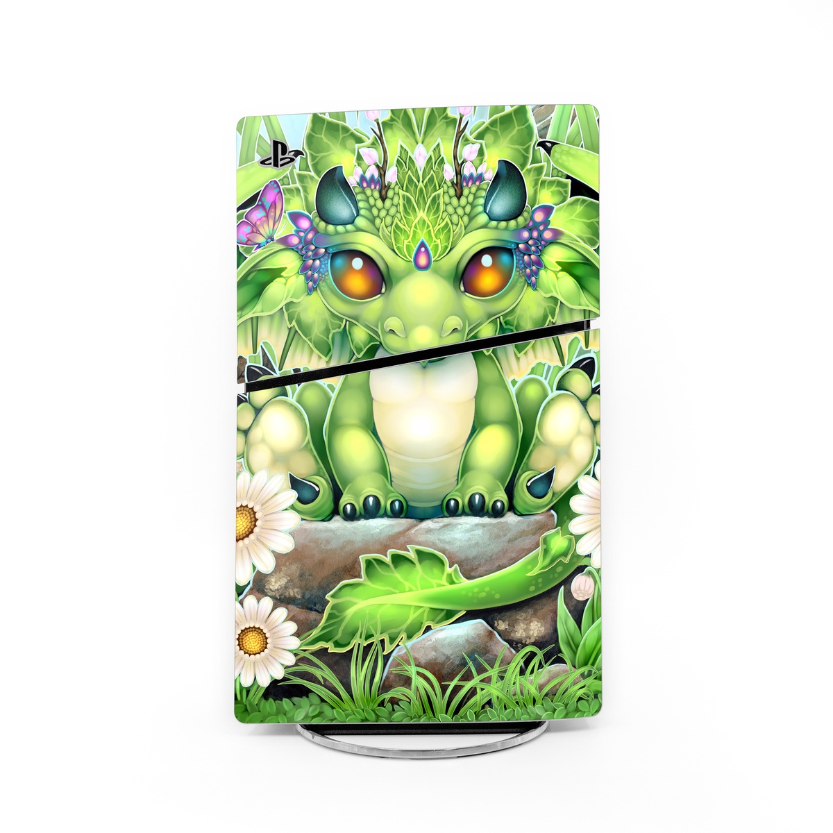 PlayStation 5 Slim Skin design of Plant, Green, Leaf, Natural environment, Flower, Terrestrial plant, Grass, Creative arts, People in nature, Art, with green, white, yellow, brown, blue colors