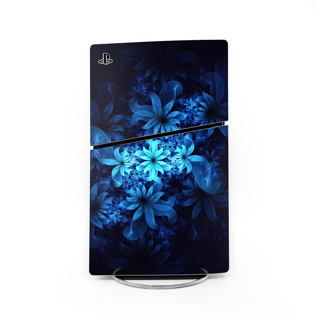 PlayStation 5 Slim Skin design of Nature, Blue, Petal, Organism, Darkness, Flower, Colorfulness, Electric Blue, Majorelle Blue, Pattern, Botany, Still Life Photography, Space, Aquatic Plant, Fractal Art, Visual Arts, Illustration, Symmetry, Midnight, Wildflower, Painting, Still Life, with black, blue, white colors