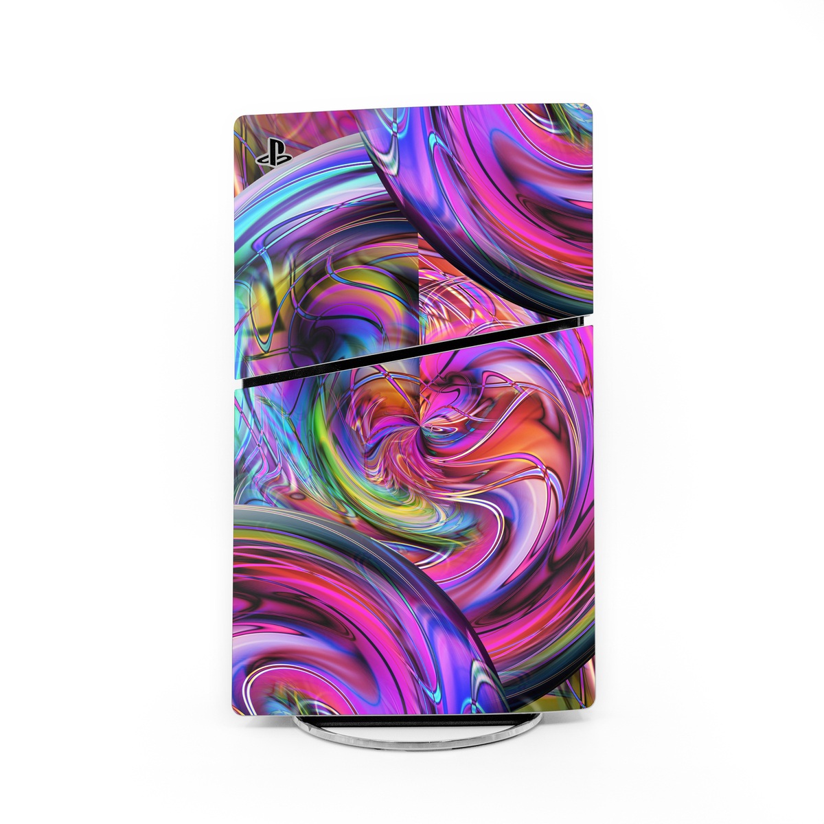 PlayStation 5 Slim Skin design of Pattern, Psychedelic art, Purple, Art, Fractal art, Design, Graphic design, Colorfulness, Textile, Visual arts, with purple, black, red, gray, blue, green colors