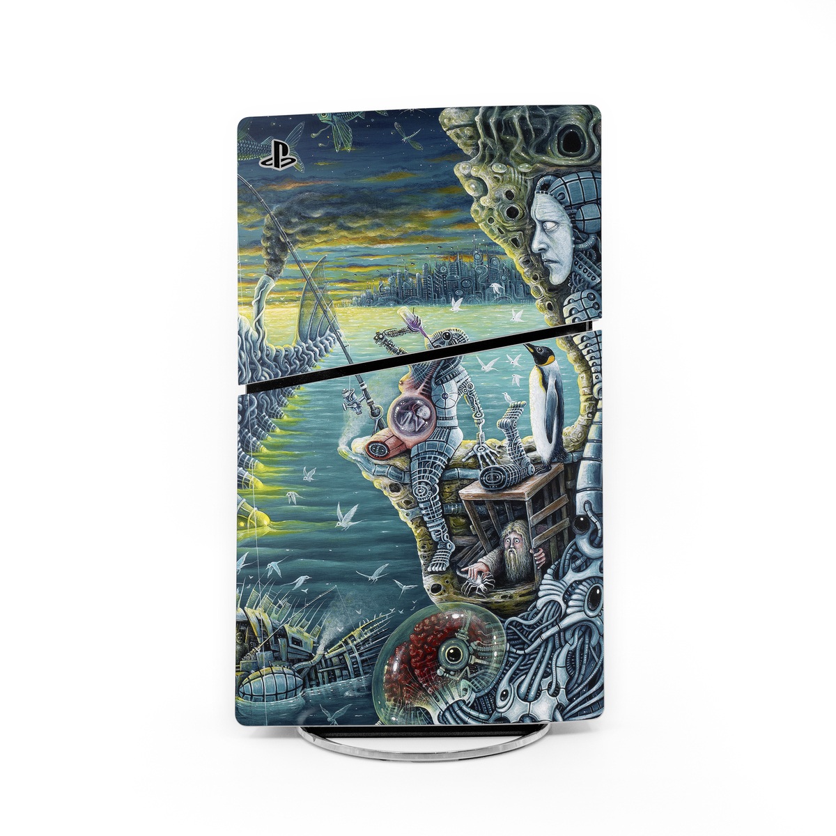 PlayStation 5 Slim Skin design of Organism, Water, Illustration, Art, Painting, Cg artwork, Fiction, Fictional character, Marine biology, Mythology, with black, gray, blue, green colors