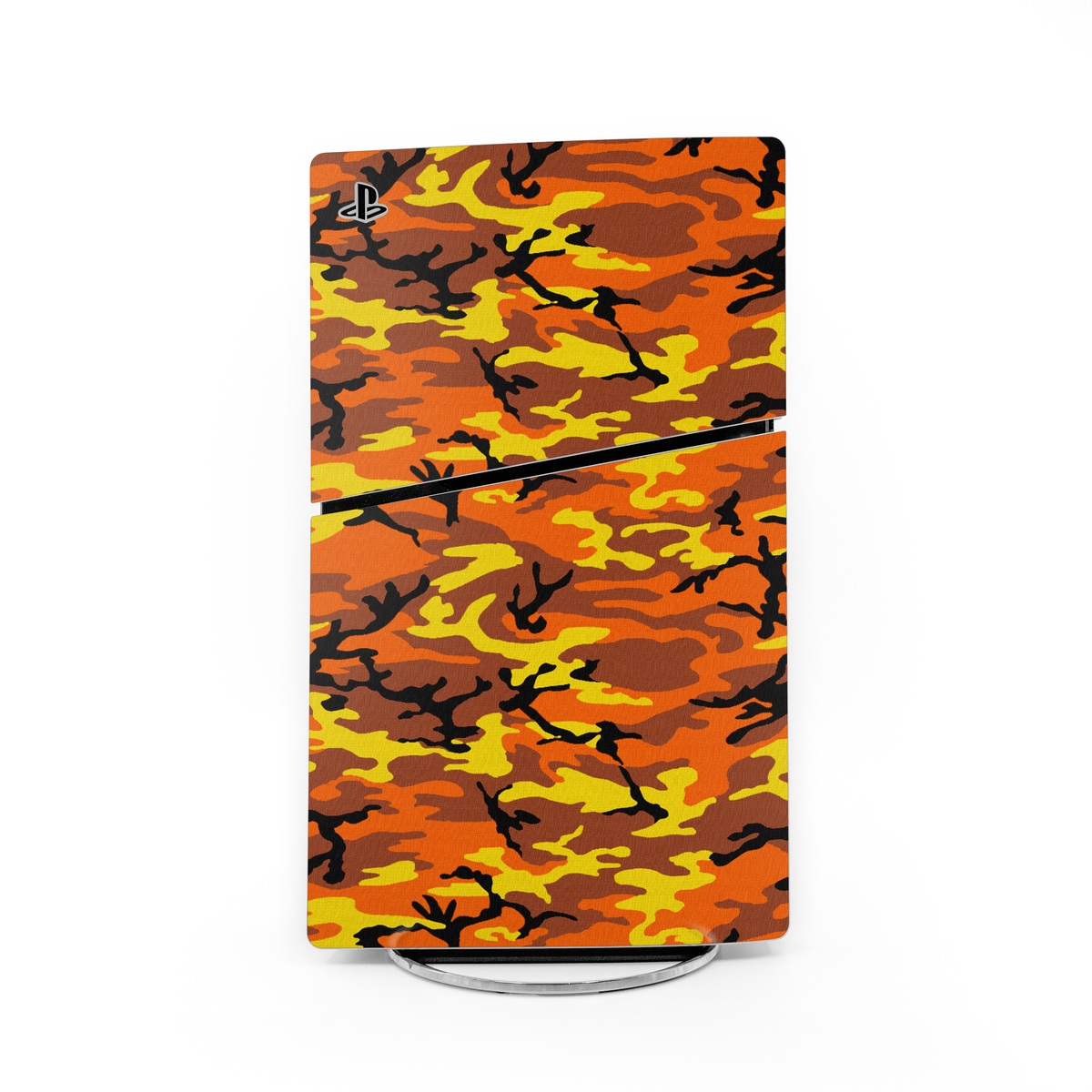 PlayStation 5 Slim Skin design of Military camouflage, Orange, Pattern, Camouflage, Yellow, Brown, Uniform, Design, Tree, Wildlife, with red, green, black colors