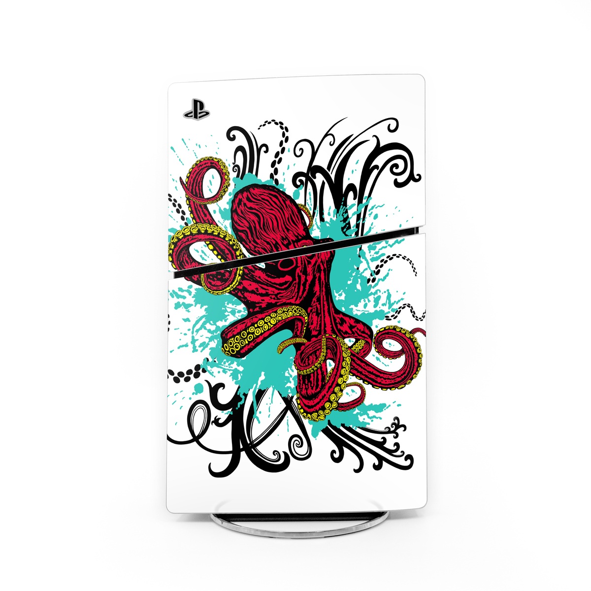 PlayStation 5 Slim Skin design of Graphic design, Illustration, Visual arts, Octopus, Design, Art, Fictional character, Pattern, Clip art, Line art, with black, white, gray, red, blue, green colors