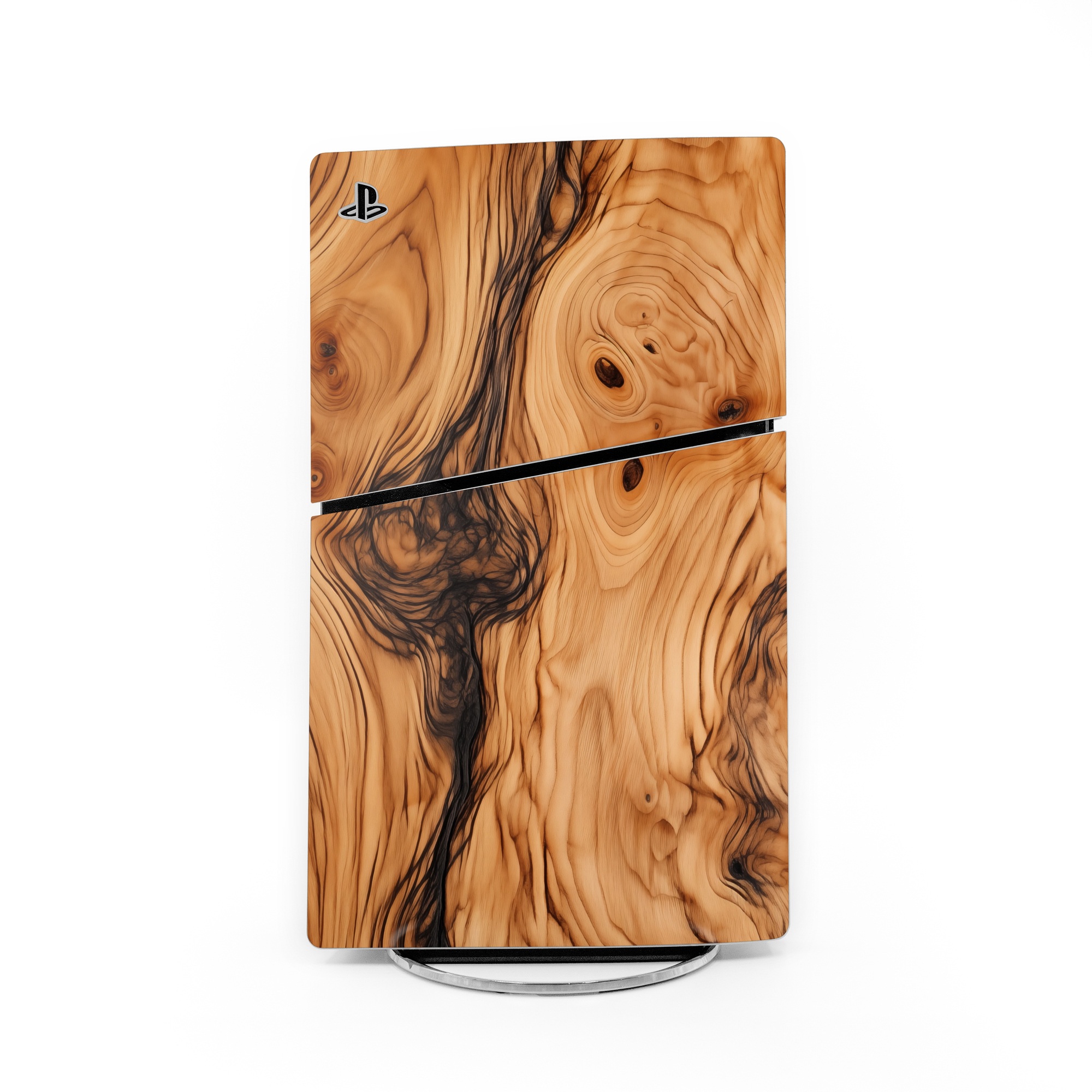 PlayStation 5 Slim Skin design of Brown, Wood, Trunk, Wood stain, Floor, Liquid, Art, Woody plant, Landscape, Flooring, with black, brown, orange colors