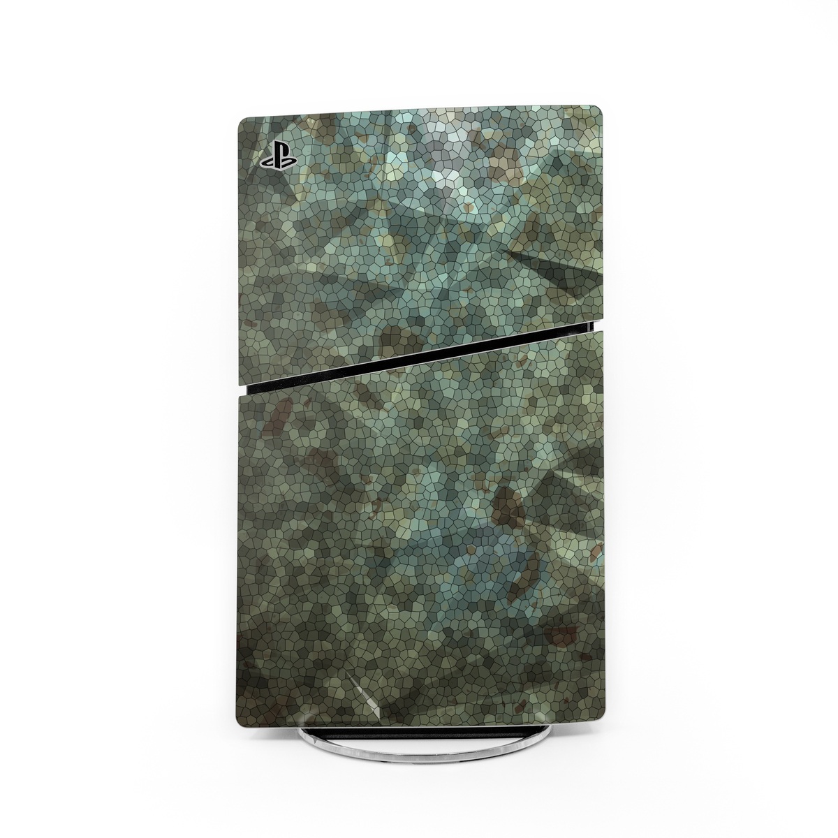 PlayStation 5 Slim Skin design of Green, Pattern, Brown, Wall, Design, Rock, Geology, Camouflage, Granite, Metal, with black, brown, blue, gray, white colors