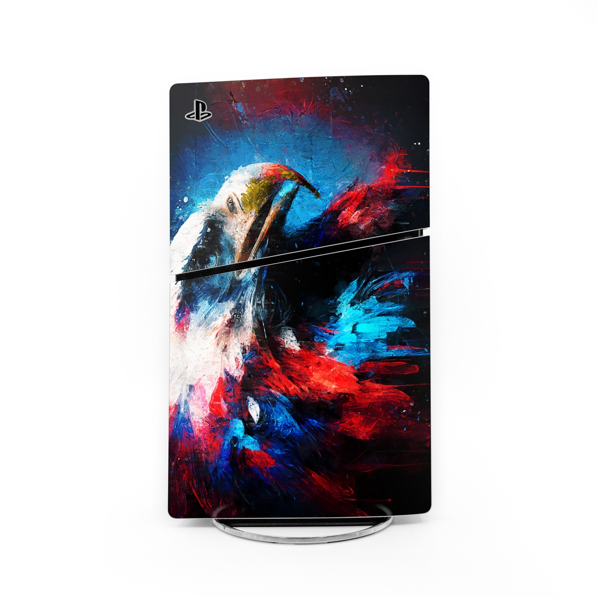 PlayStation 5 Slim Skin design of Bird, Beak, Organism, Art, Feather, Paint, Painting, Accipitridae, Bird of prey, Electric blue, with blue, red, white, black, gray, yellow colors