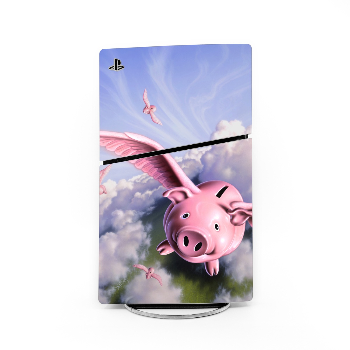 PlayStation 5 Slim Skin design of Cloud, Sky, Happy, Pink, Bird, Art, Wing, Snout, Wind, Fictional character, with pink, white, blue, gray, green colors