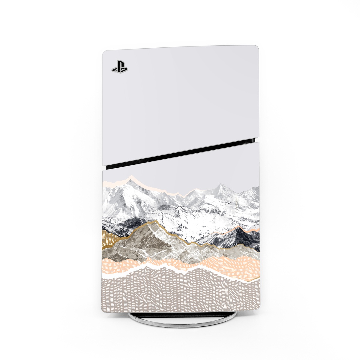 PlayStation 5 Slim Skin design of White, Mountainous landforms, Mountain, Mountain range, Glacial landform, Geological phenomenon, Sky, Ridge, Geology, Glacier, with white, yellow, brown, gray, black colors