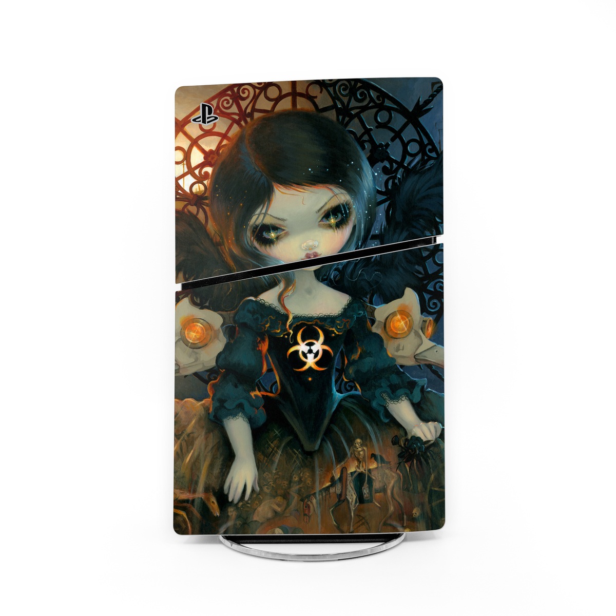 PlayStation 5 Slim Skin design of Doll, Head, Illustration, Eye, Cg artwork, Fictional character, Toy, Iris, Art, Mythology, with brown, red, black, orange, blue, yellow colors
