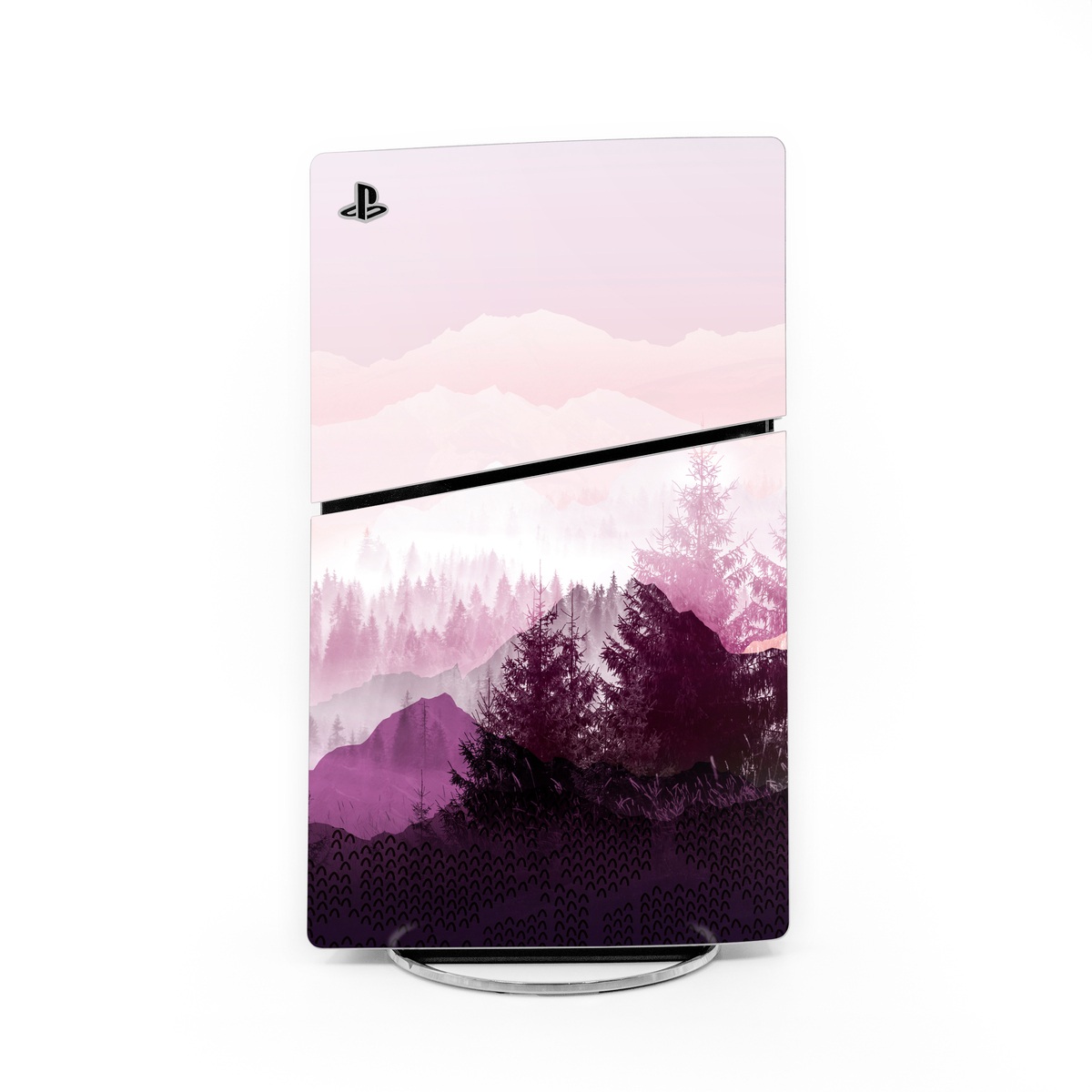PlayStation 5 Slim Skin design of Sky, Purple, Atmospheric phenomenon, Pink, Natural landscape, Violet, Mountain, Tree, Morning, Mountain range, with white, purple, black, pink colors