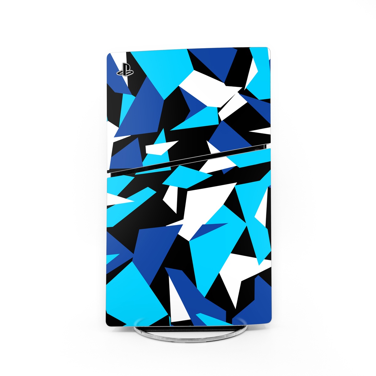 PlayStation 5 Slim Skin design of Blue, Pattern, Turquoise, Cobalt blue, Teal, Design, Electric blue, Graphic design, Triangle, Font, with blue, white, black colors