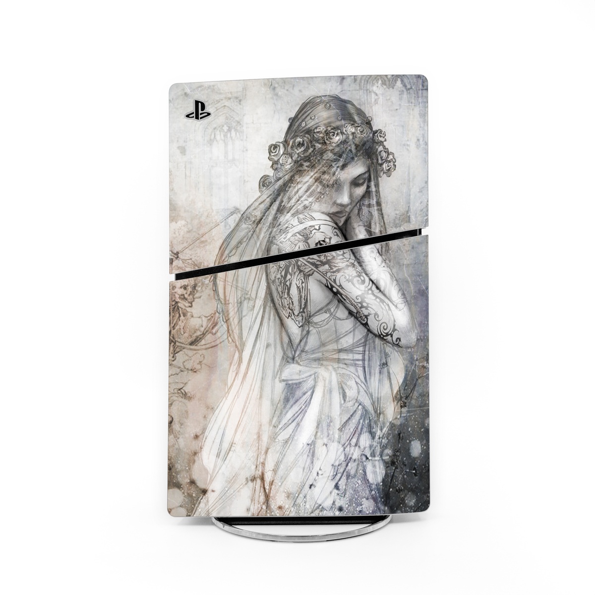 PlayStation 5 Slim Skin design of Lady, Art, Illustration, Drawing, Painting, Sketch, Mythology, Figure drawing, Long hair, Visual arts, with white, gray, black colors