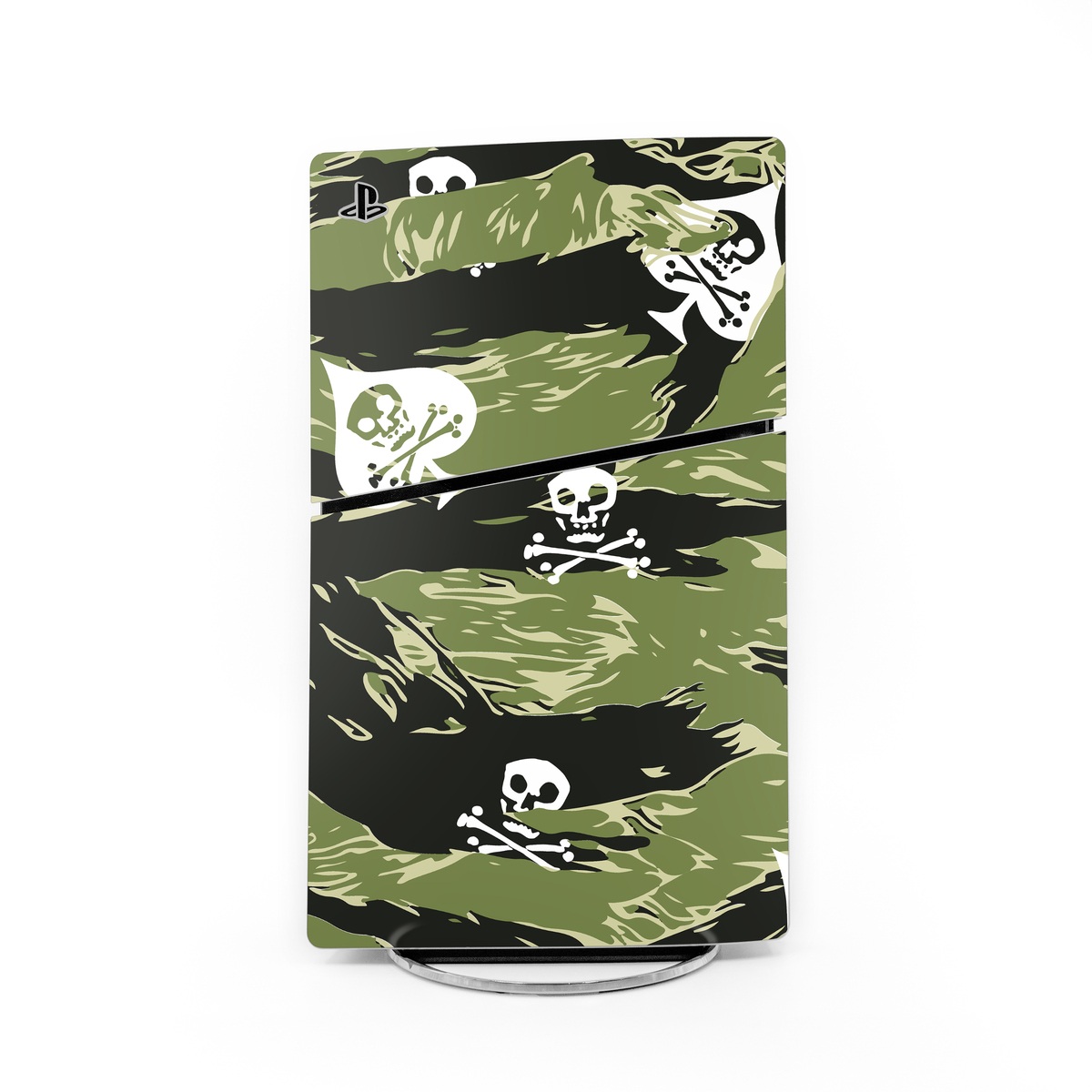 PlayStation 5 Slim Skin design of Military camouflage, Pattern, Leaf, Illustration, Design, Tree, Camouflage, Plant, Art, Branch, with black, white, green colors
