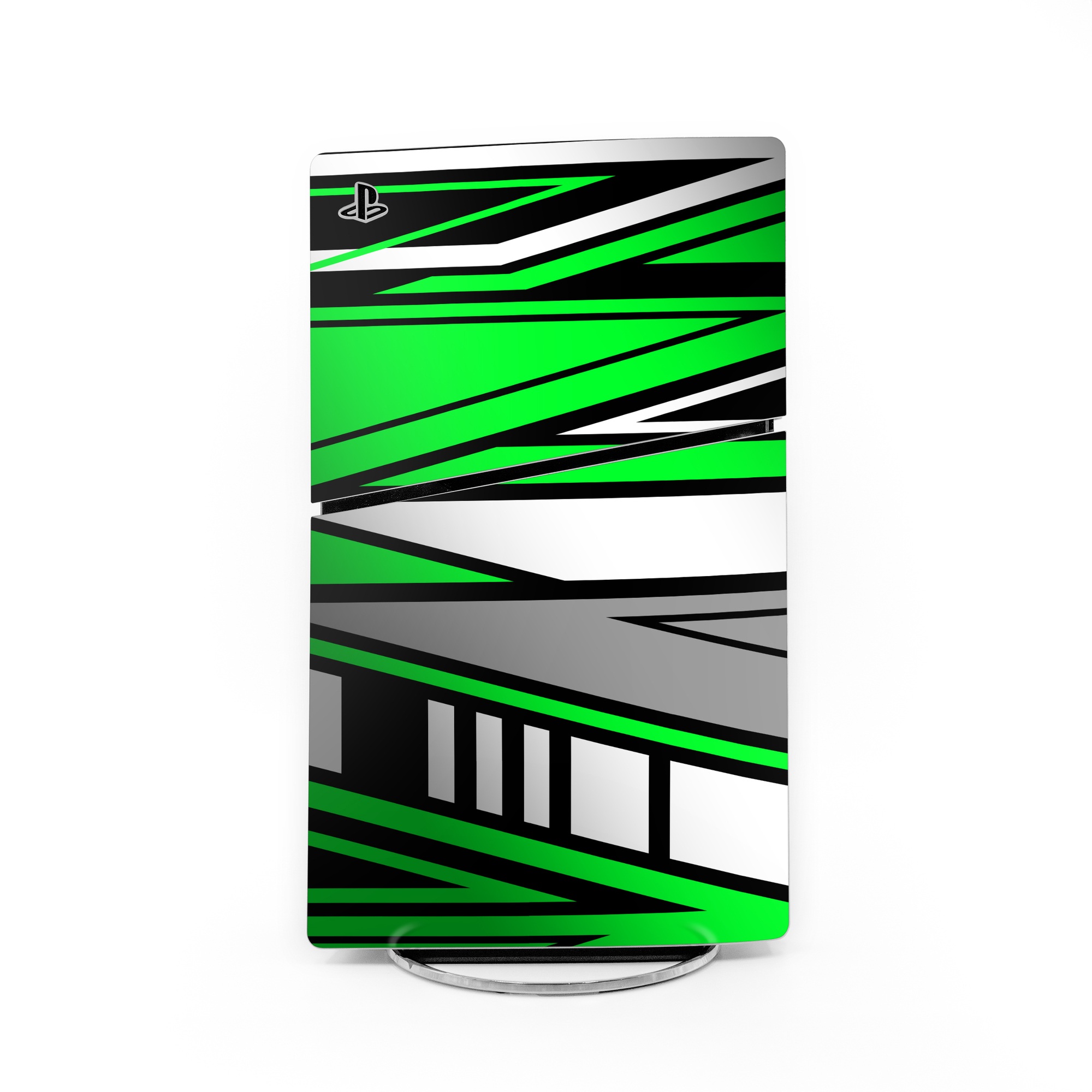 PlayStation 5 Slim Skin design of Colorfulness, Green, Rectangle, Slope, Font, Line, Material property, Parallel, Tints and shades, Graphics, with black, green, white, gray colors