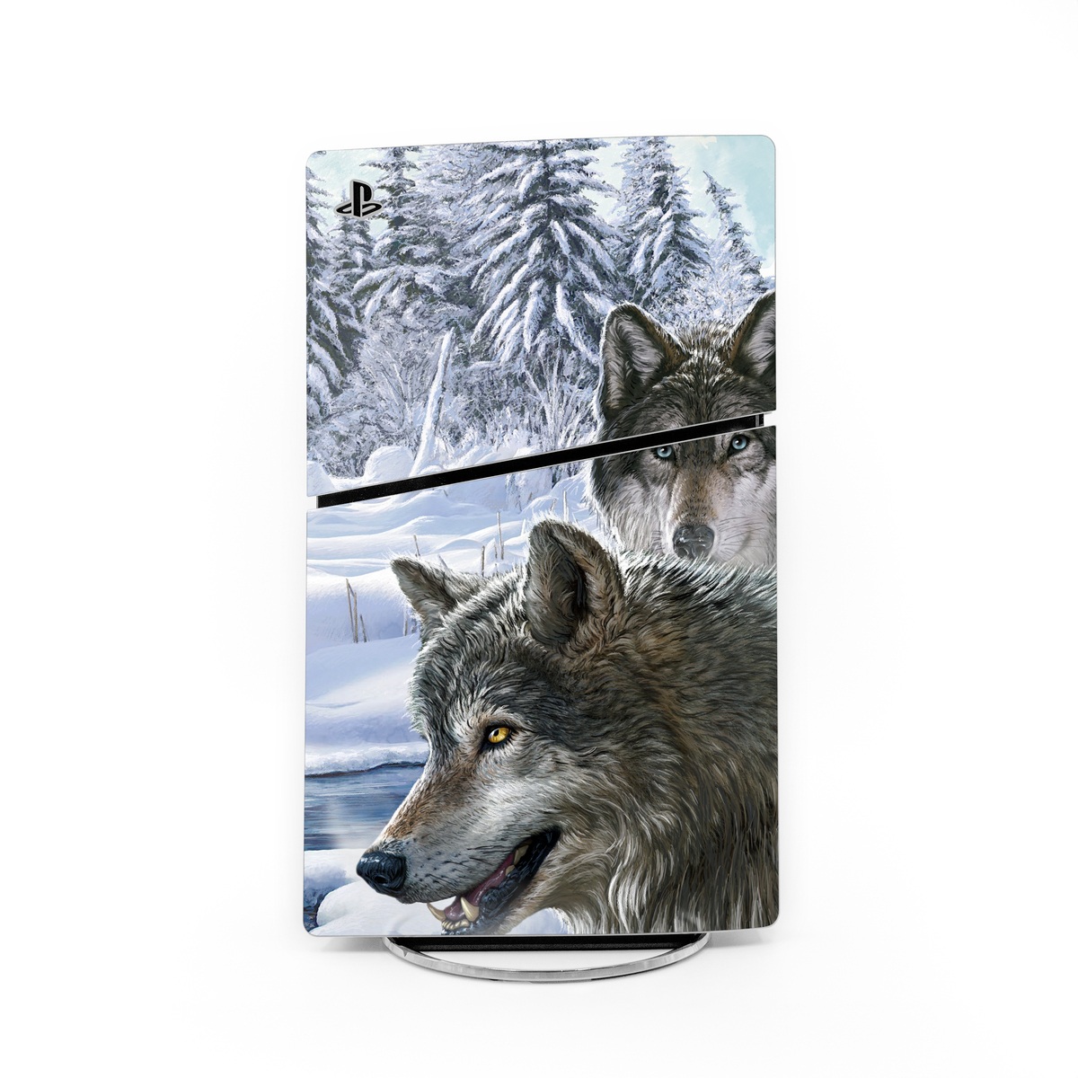 PlayStation 5 Slim Skin design of Mammal, Vertebrate, Wolf, Canidae, canis lupus tundrarum, Canis, Wildlife, Carnivore, Wolfdog, Dog, with gray, black, blue, purple colors