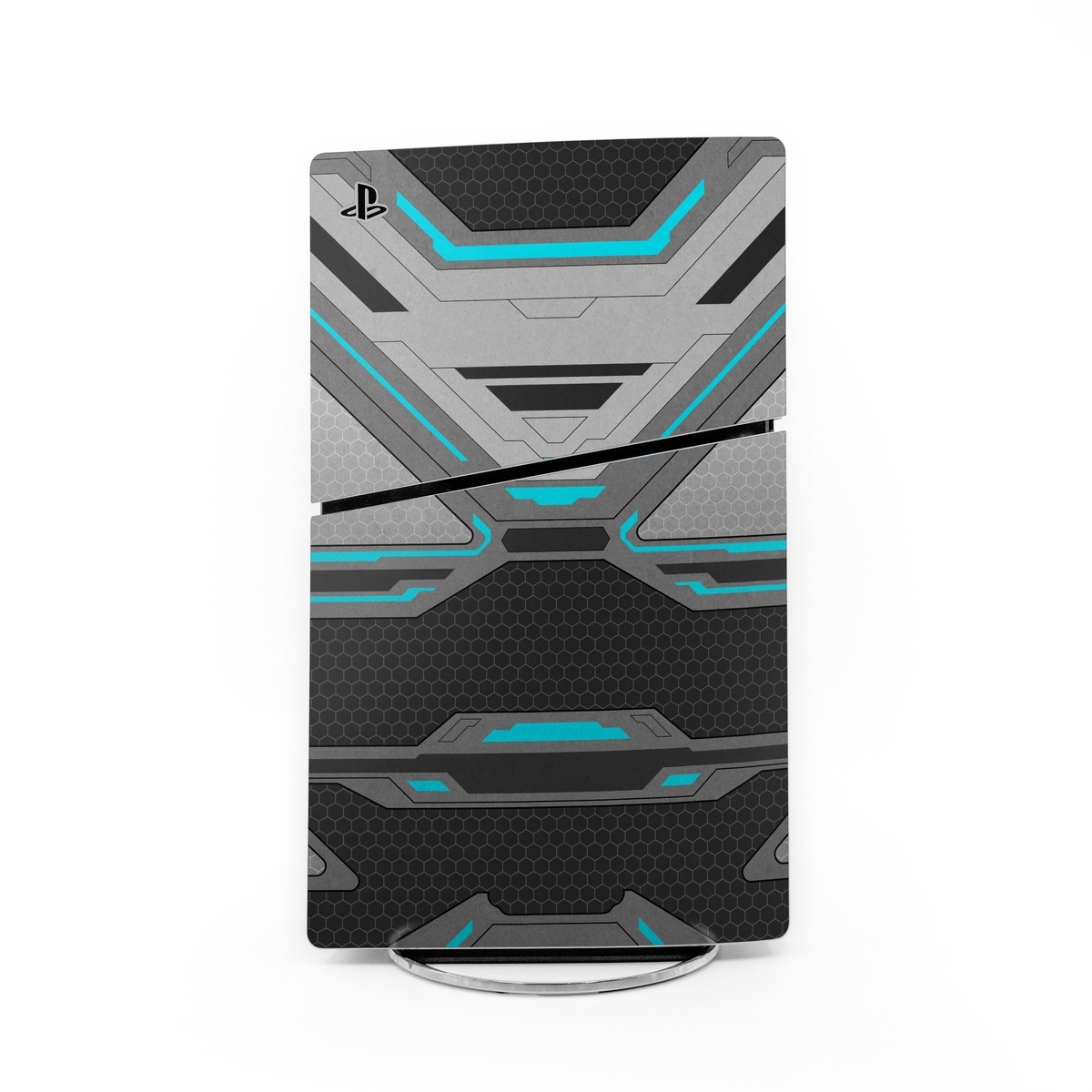 PlayStation 5 Slim Skin design of Blue, Turquoise, Pattern, Teal, Symmetry, Design, Line, Automotive design, Font, with black, gray, blue colors