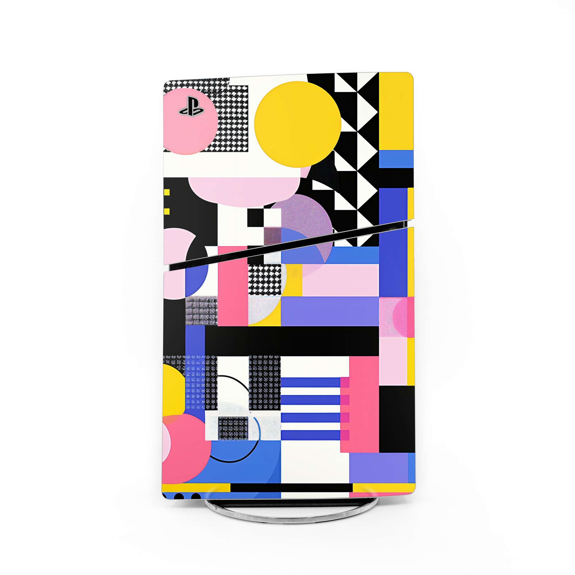 PlayStation 5 Slim Skin design of White, Black, Rectangle, Font, Art, Red, Pattern, Tints and shades, Circle, Electric blue, with blue, white, black, yellow, pink, purple colors