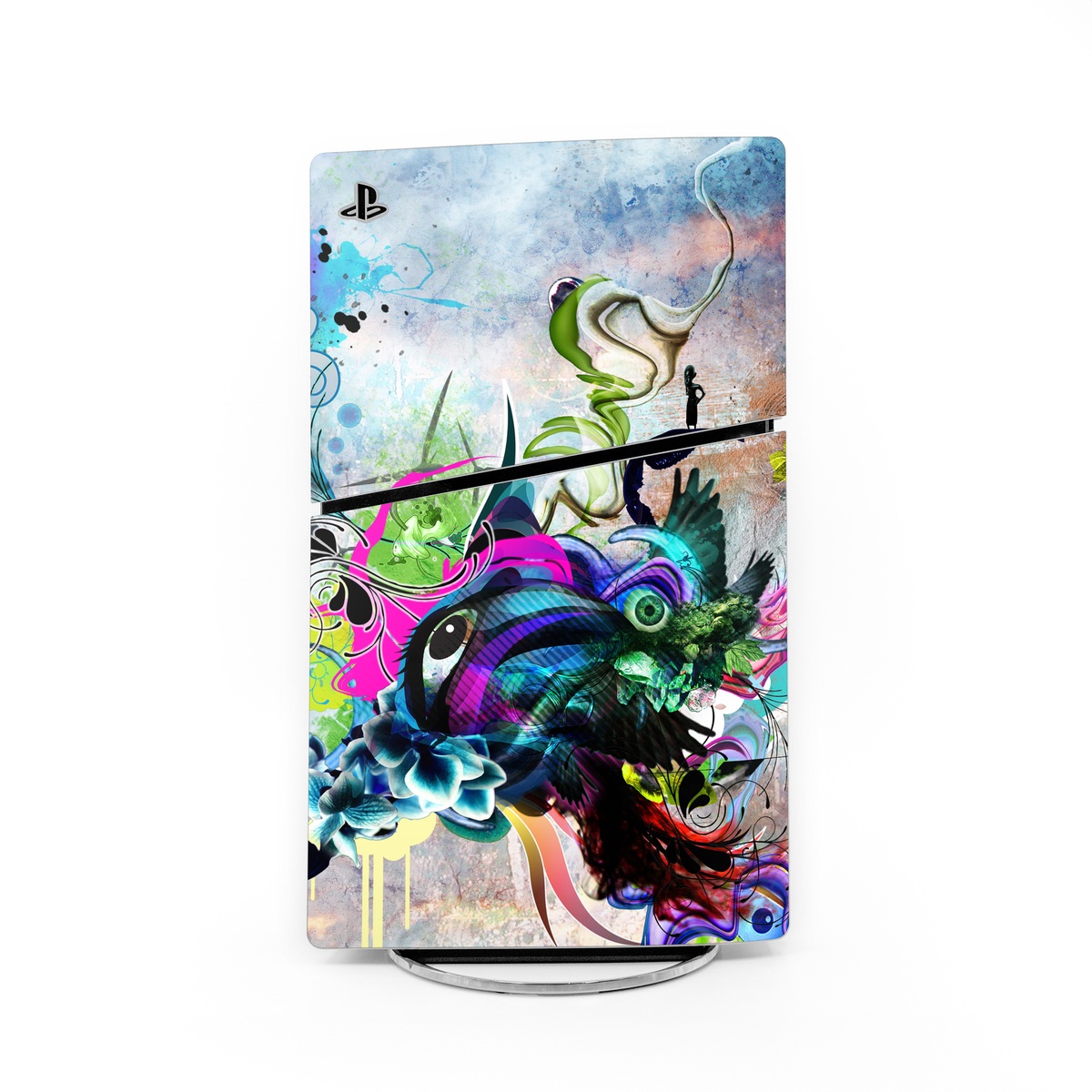 PlayStation 5 Slim Skin design of Graphic design, Psychedelic art, Art, Illustration, Purple, Visual arts, Graffiti, Street art, Design, Painting, with gray, black, blue, green, purple colors