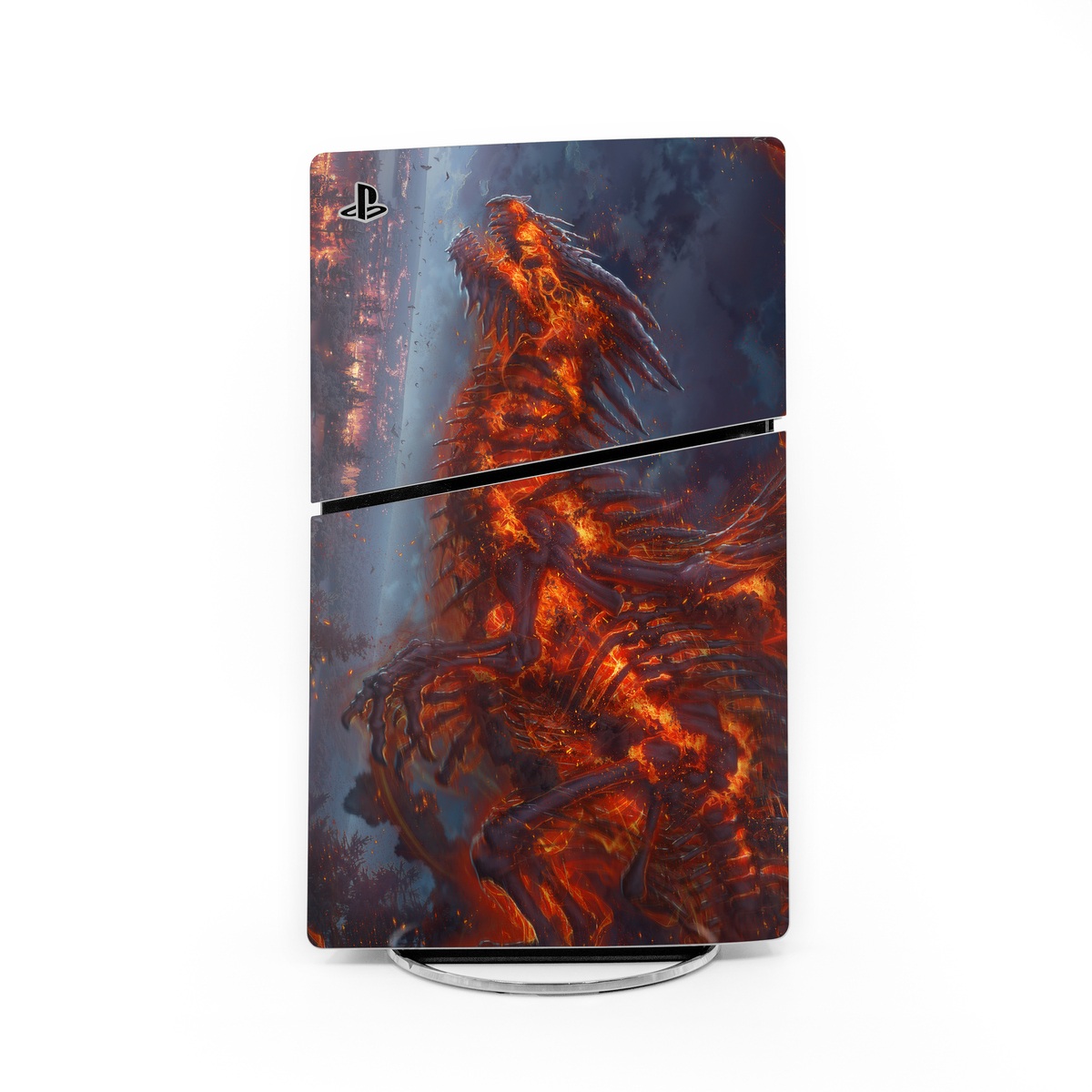 PlayStation 5 Slim Skin design of Geological phenomenon, Dragon, Cg artwork, Sky, Flame, Fictional character, Mythology, Lava, Demon, Heat, with red, blue, black colors