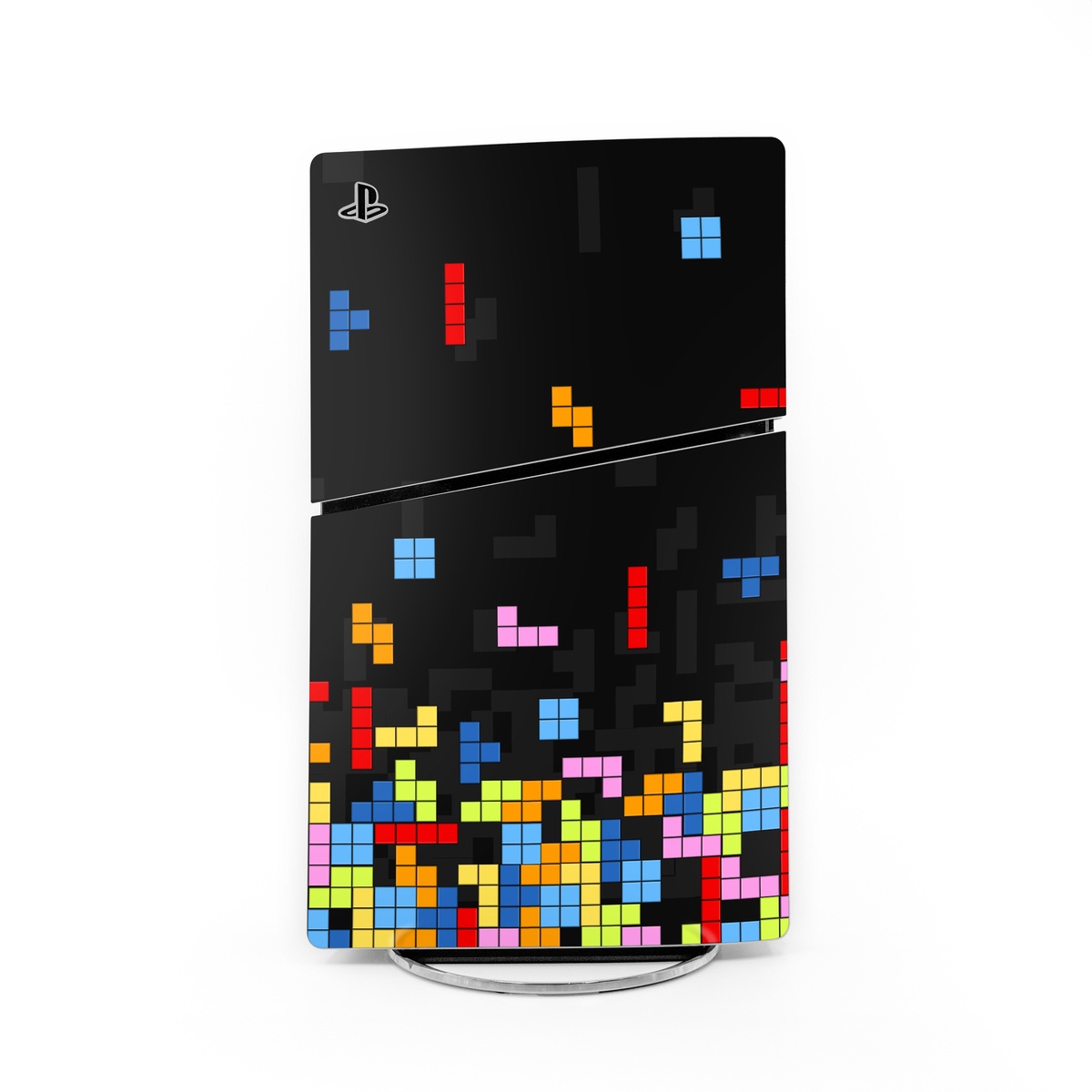 PlayStation 5 Slim Skin design of Pattern, Symmetry, Font, Design, Graphic design, Line, Colorfulness, Magenta, Square, Graphics, with black, green, blue, orange, red colors