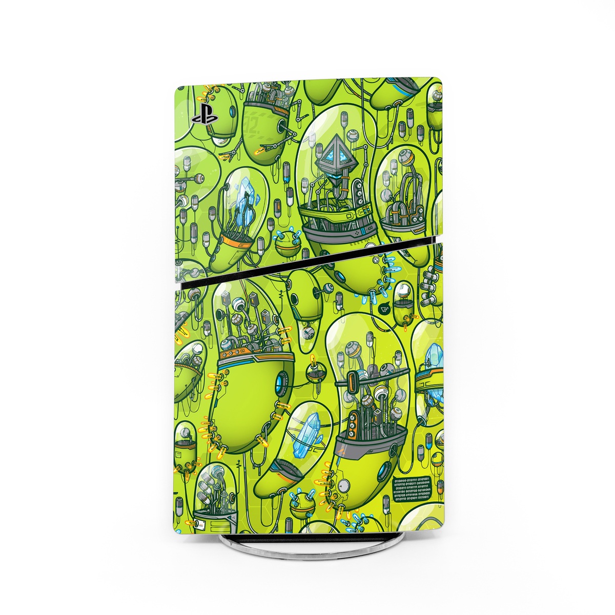 PlayStation 5 Slim Skin design of Green, Pattern, Yellow, Design, Illustration, Plant, Art, Graphic design, Urban design, with green, blue, gray, yellow, orange colors