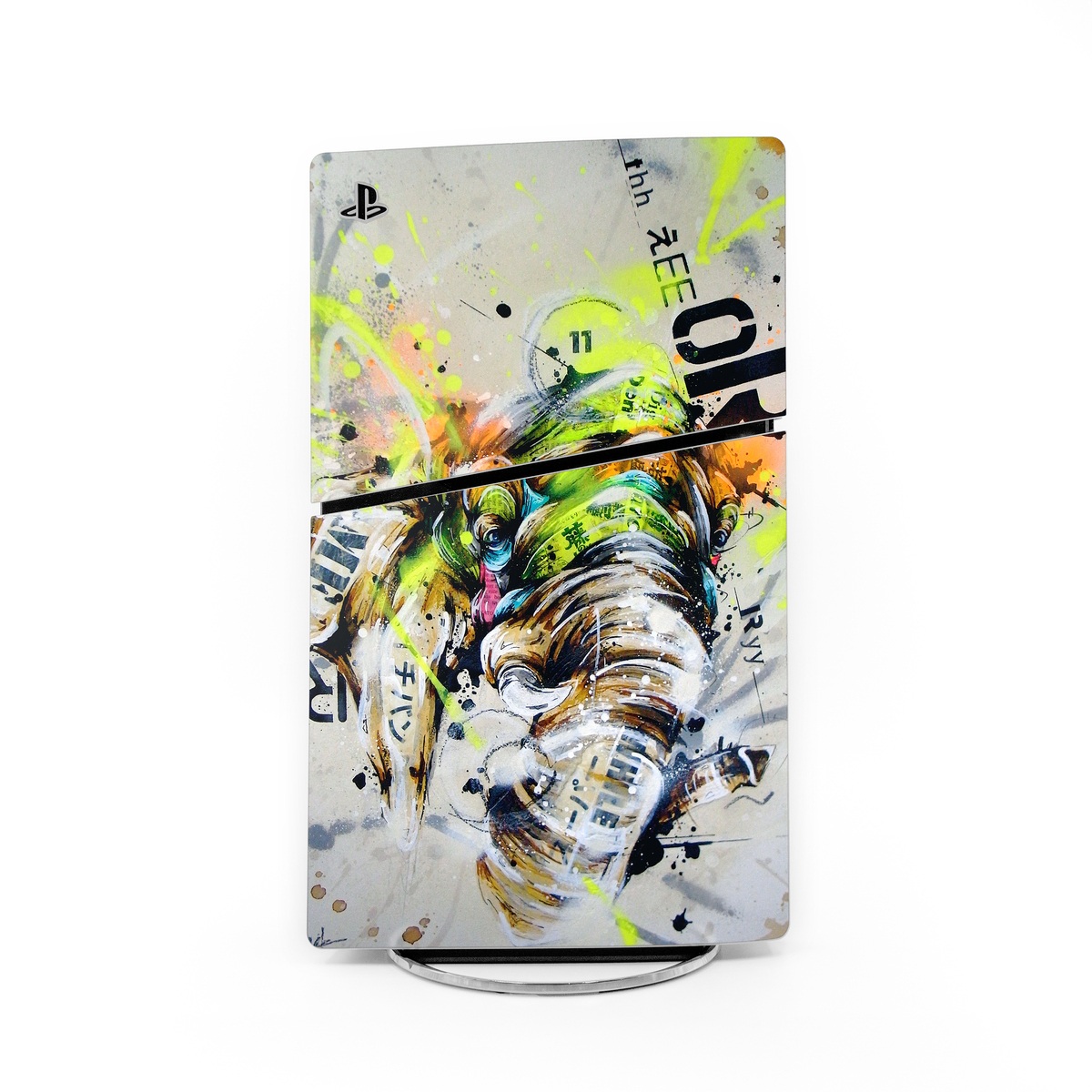 PlayStation 5 Slim Skin design of Watercolor paint, Graphic design, Illustration, Acrylic paint, Art, Modern art, Painting, Visual arts, Paint, Graphics, with gray, black, green, red, blue colors