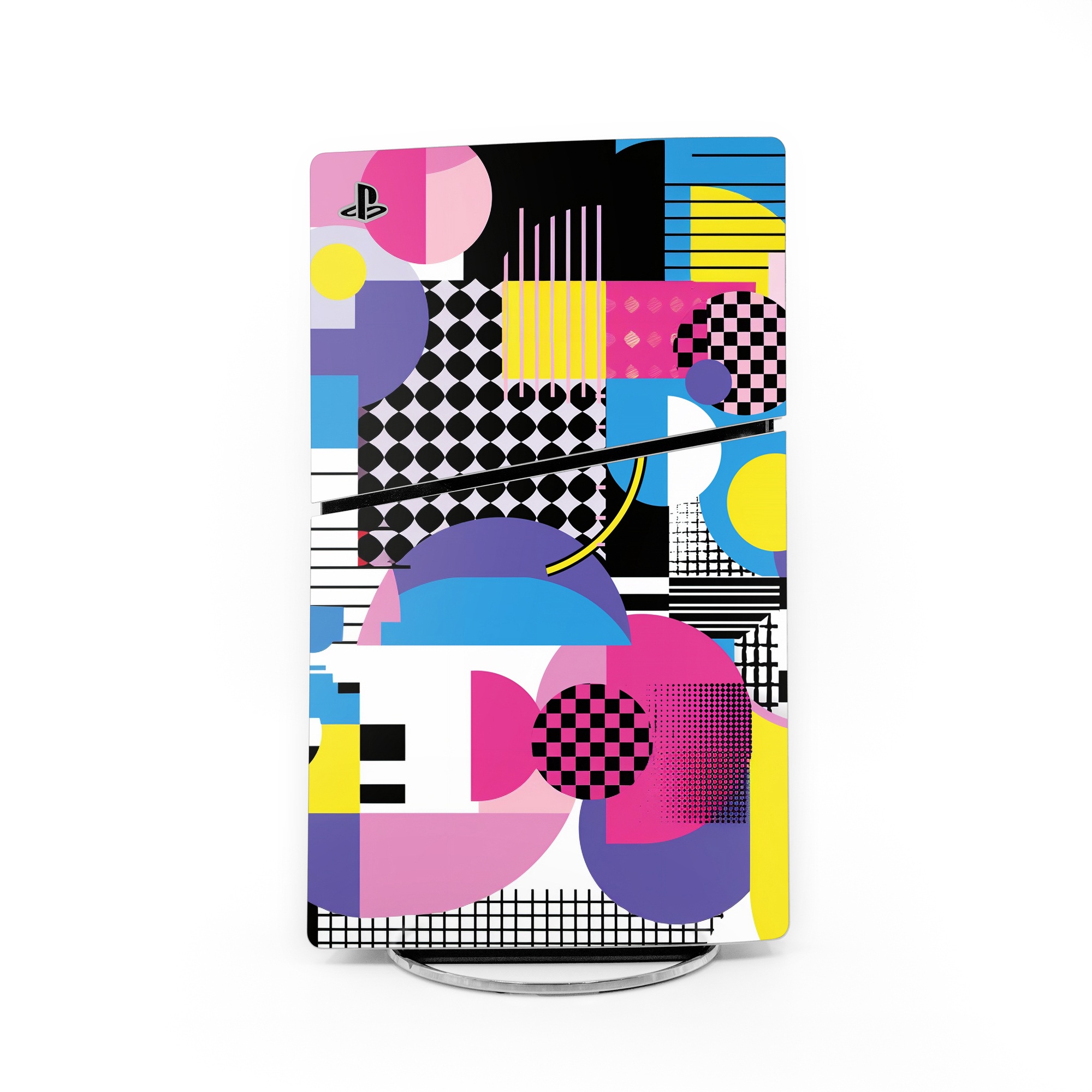 PlayStation 5 Slim Skin design of Rectangle, Textile, Art, Font, Line, Material property, Magenta, Pattern, Circle, Tints and shades, with pink, yellow, white, black, purple, blue colors