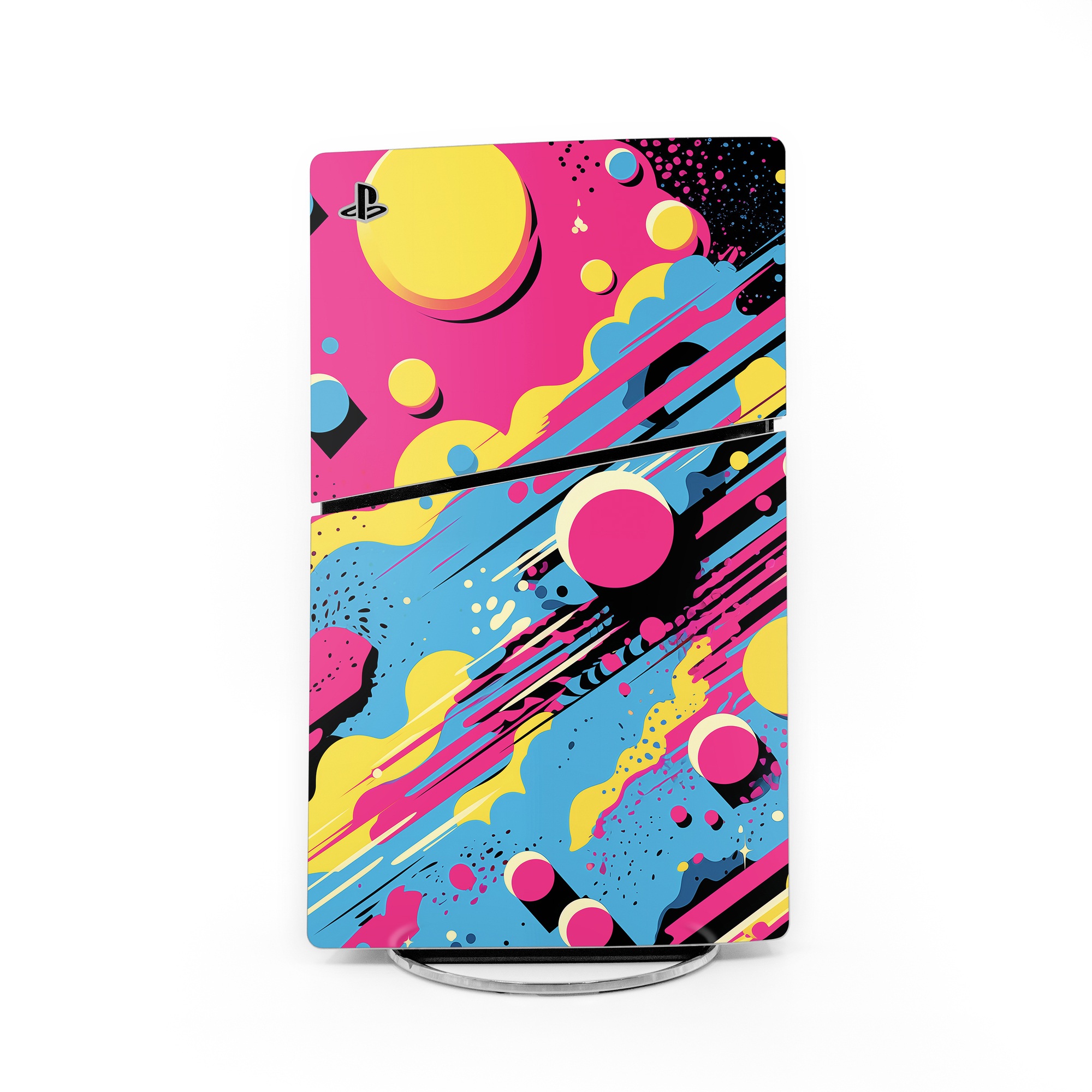 PlayStation 5 Slim Skin design of Colorfulness, Paint, Art, Font, Line, Material property, Magenta, Pattern, Illustration, Circle, with pink, yellow, blue, black, white colors