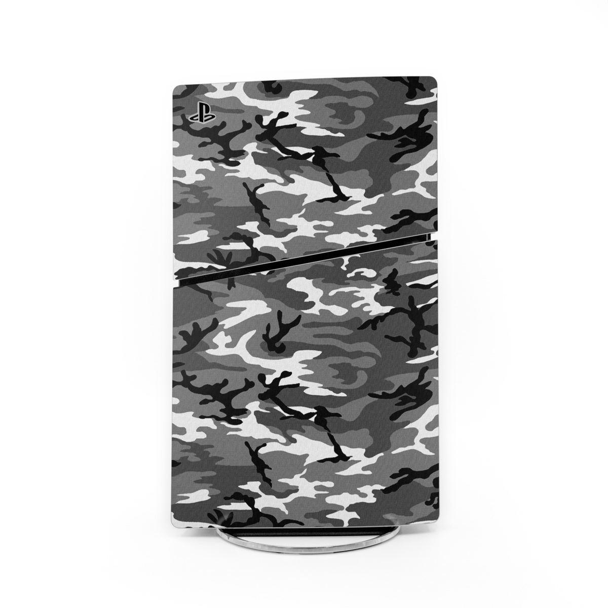 PlayStation 5 Slim Skin design of Military camouflage, Pattern, Clothing, Camouflage, Uniform, Design, Textile, with black, gray colors