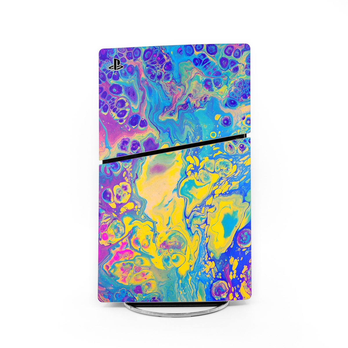 PlayStation 5 Slim Skin design of Psychedelic art, Pattern, Purple, Visual arts, Design, Art, Fractal art, Electric blue, Graphic design, Graphics, with blue, yellow, purple, pink colors
