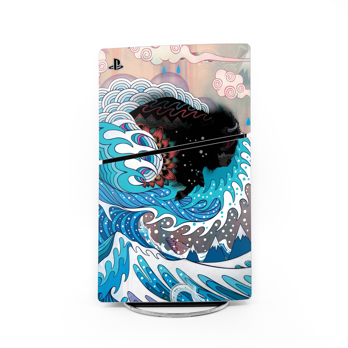PlayStation 5 Slim Skin design of Blue, Turquoise, Illustration, Aqua, Graphic design, Pattern, Art, Design, Graphics, Visual arts, with gray, blue, black, pink, white colors